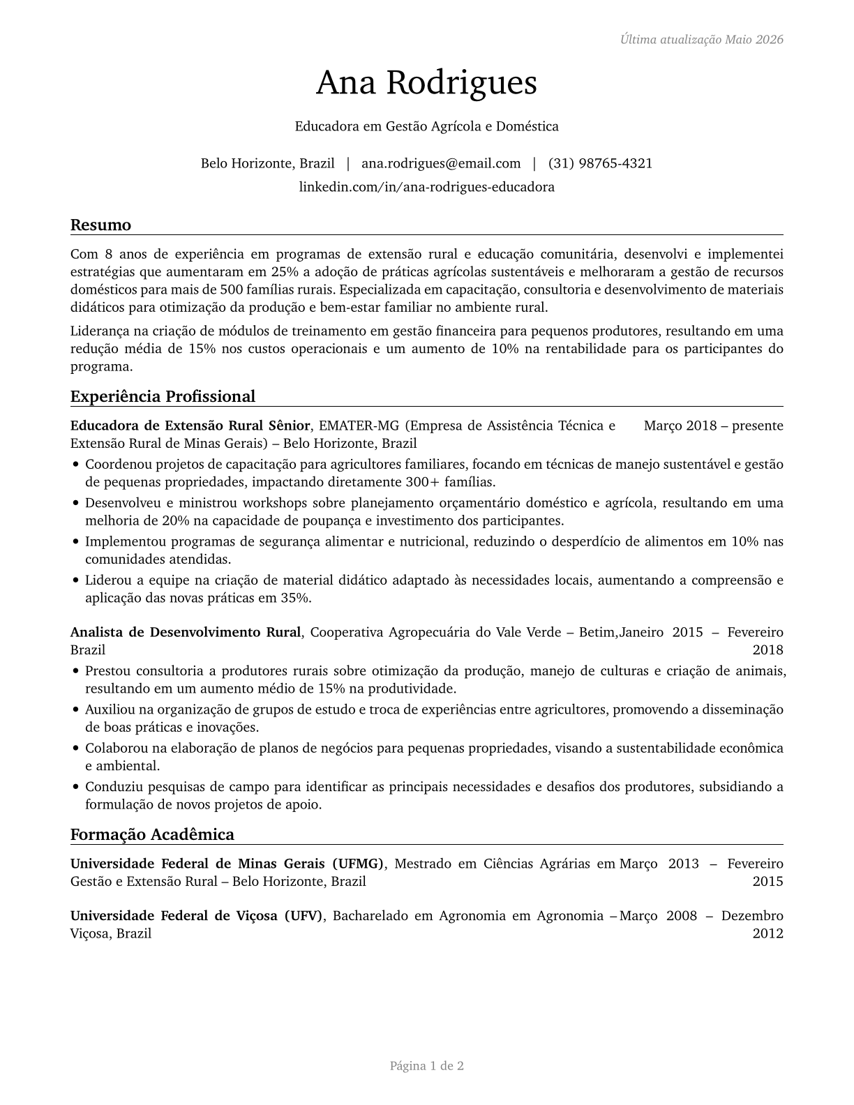 Farm and Home Management Educators CV in Portuguese — page 1