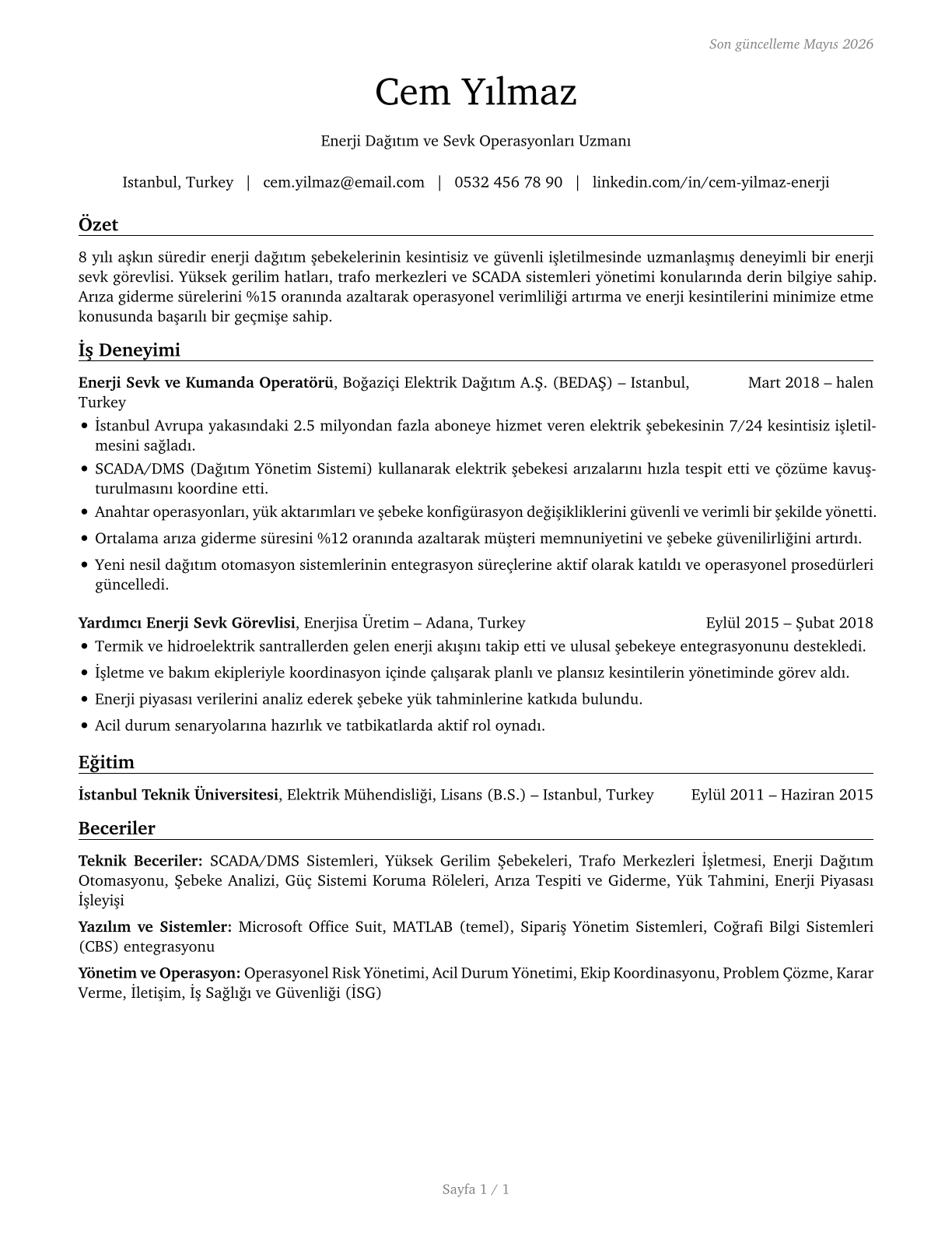 Power Distributors and Dispatchers CV in Turkish — page 1