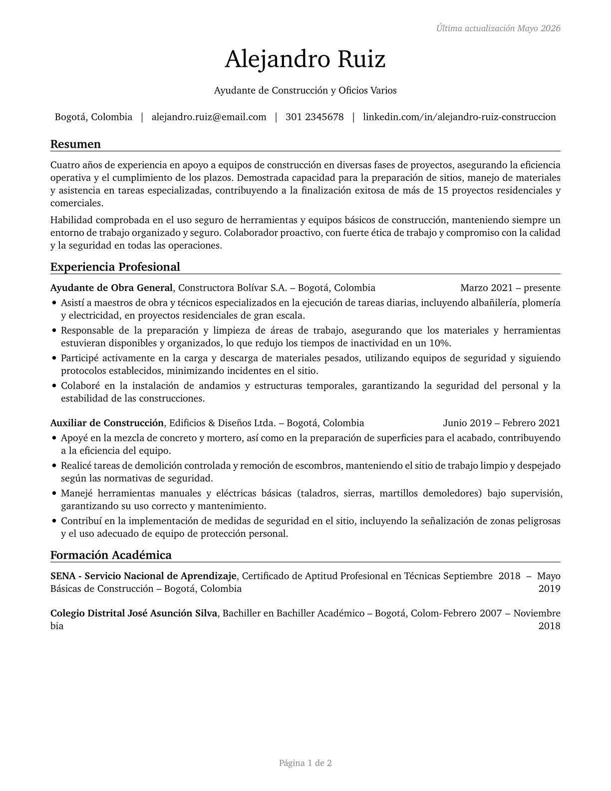 Helpers, Construction Trades, All Other CV in Spanish — page 1
