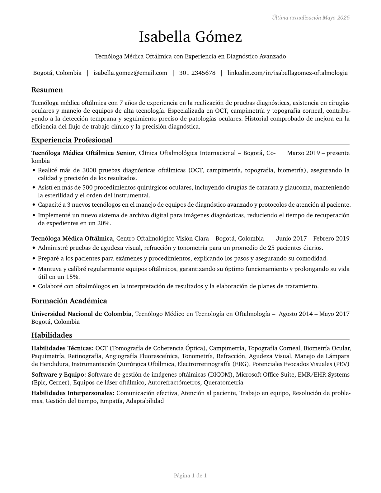 Ophthalmic Medical Technologists CV in Spanish — page 1