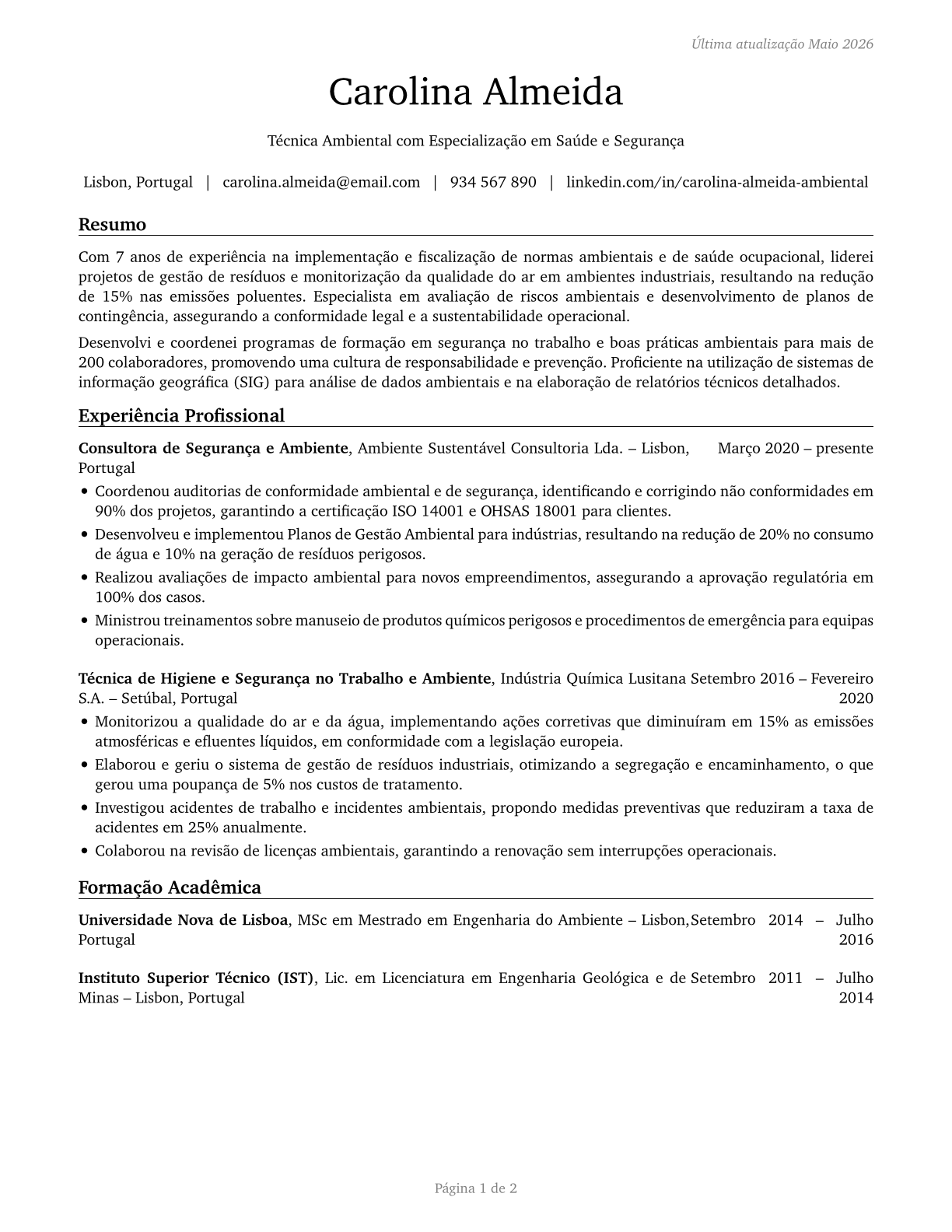 Environmental Science and Protection Technicians, Including Health CV in Portuguese — page 1