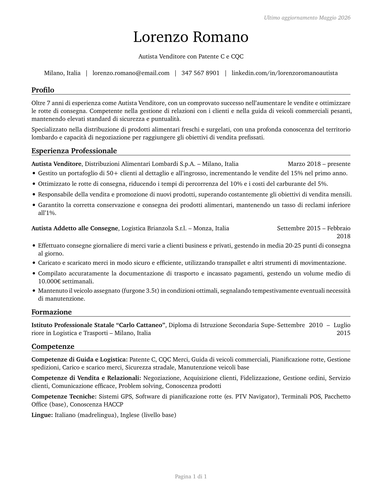 Driver/Sales Workers CV in Italian — page 1