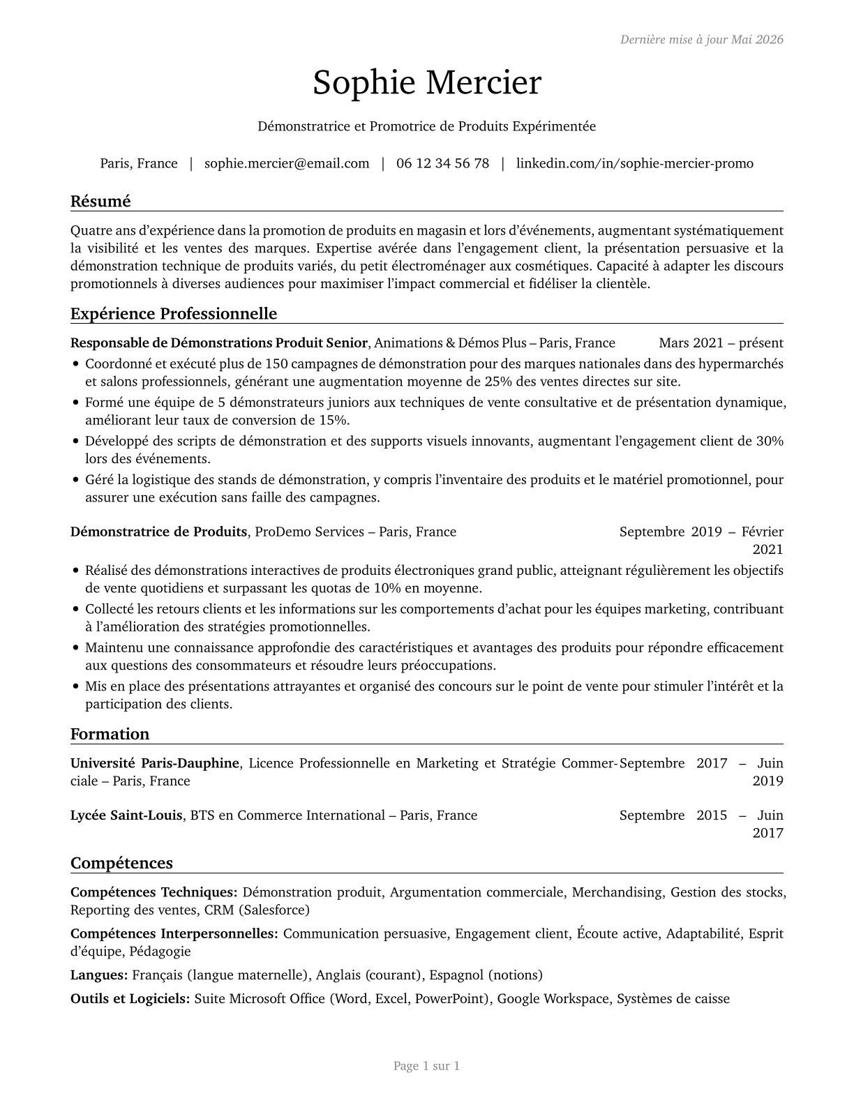 Demonstrators and Product Promoters CV in French — page 1
