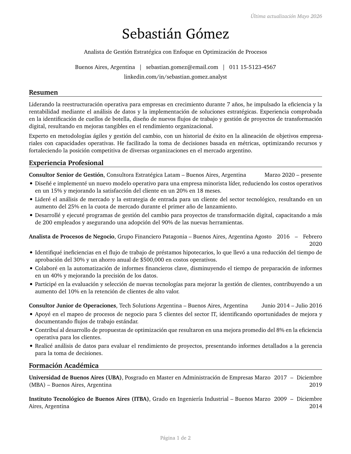 Management Analysts CV in Spanish — page 1