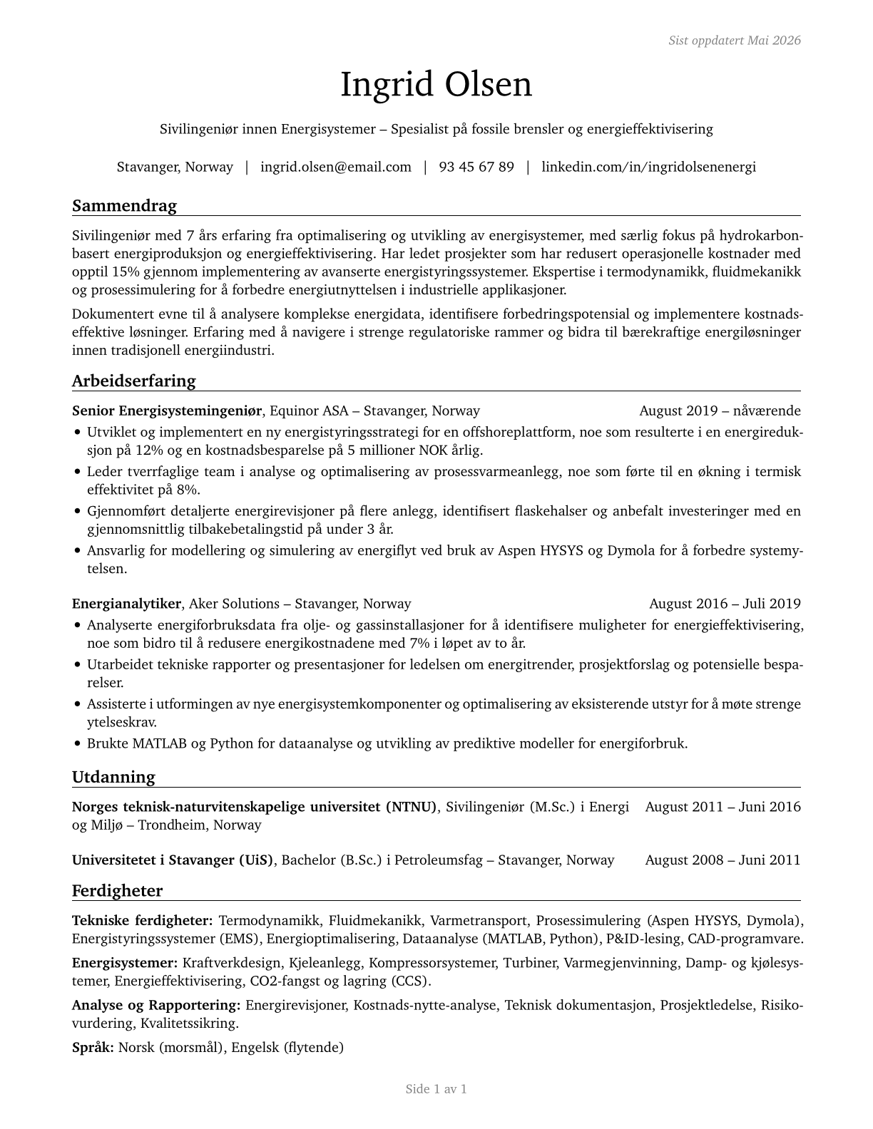 Energy Engineers, Except Wind and Solar CV in Norwegian_bokmal — page 1