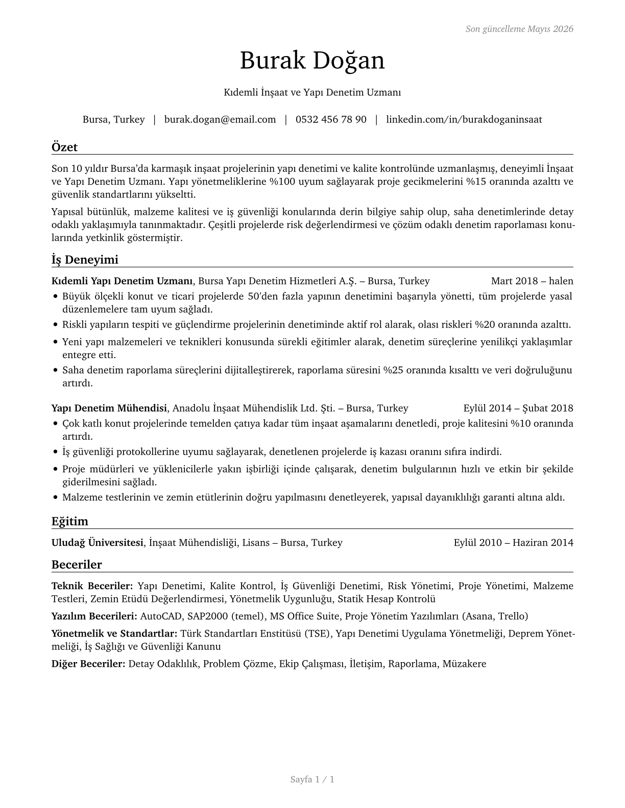 Construction and Building Inspectors CV in Turkish — page 1