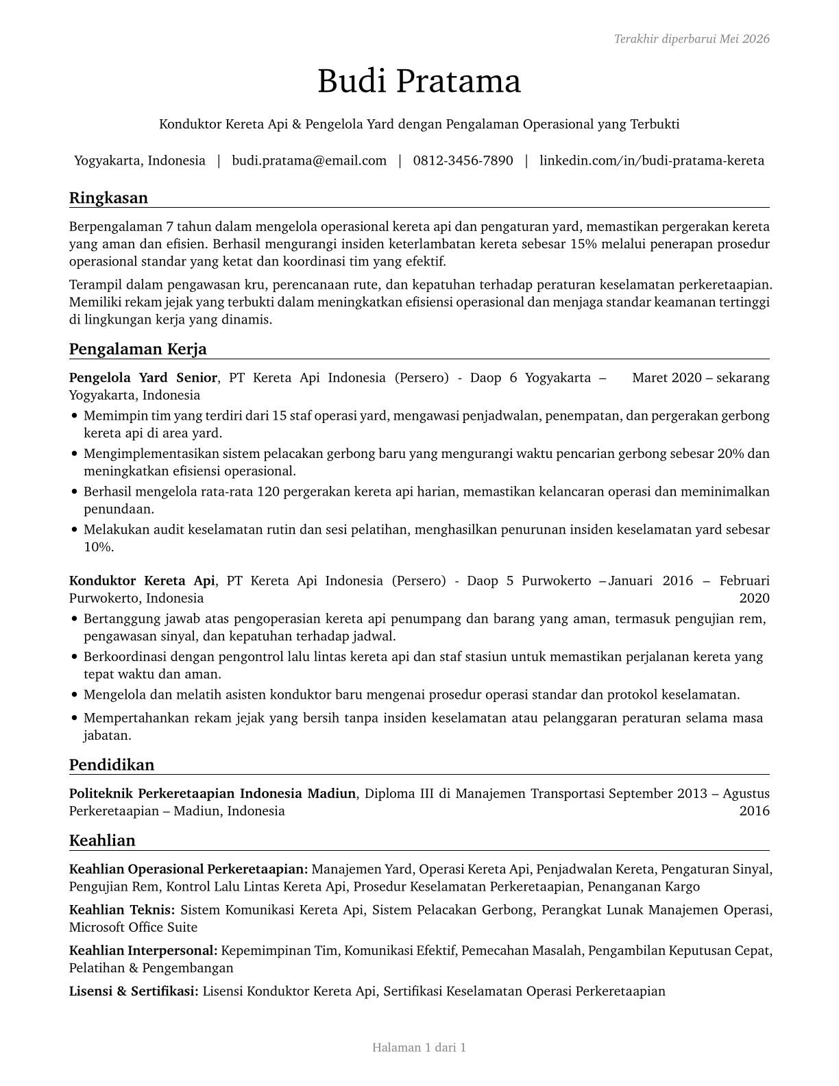 Railroad Conductors and Yardmasters CV in Indonesian — page 1
