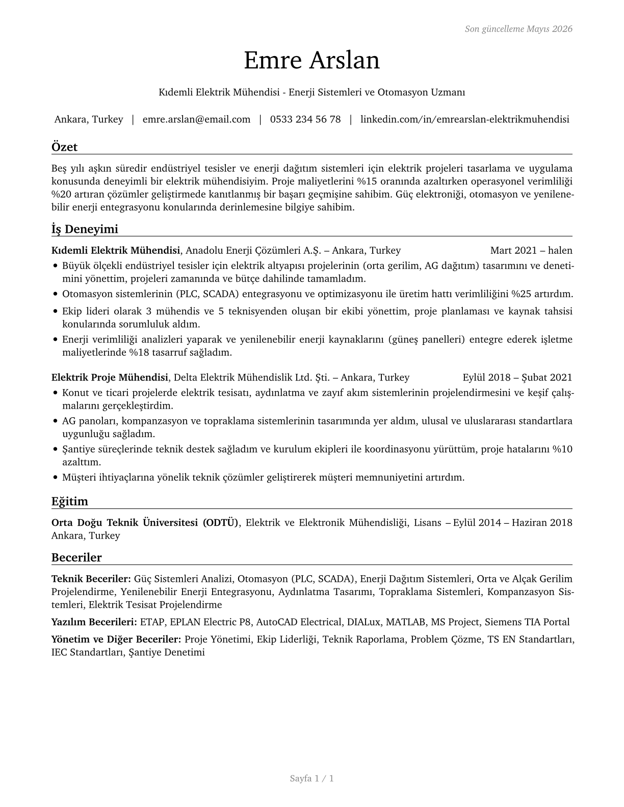 Electrical Engineers CV in Turkish — page 1
