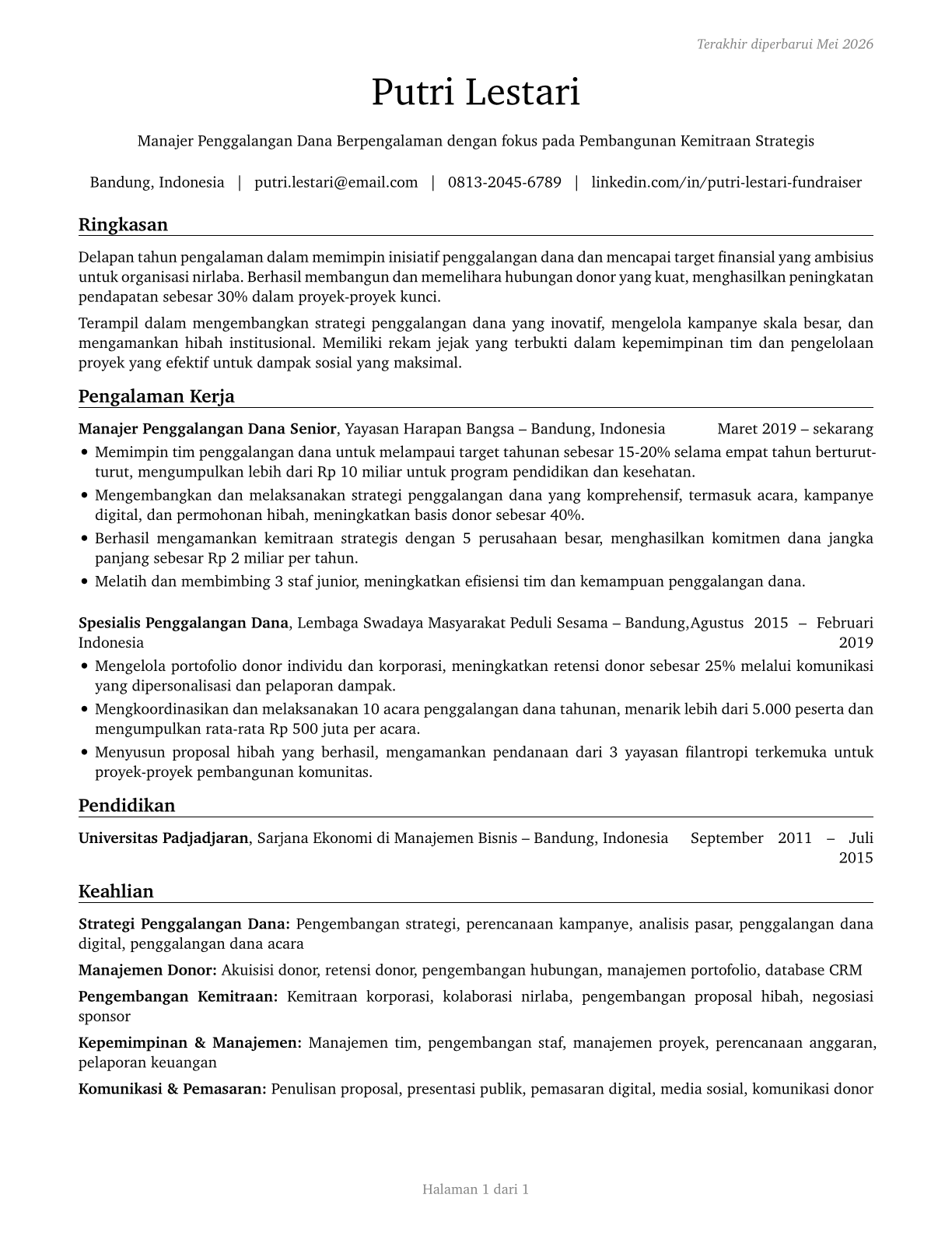 Fundraising Managers CV in Indonesian — page 1