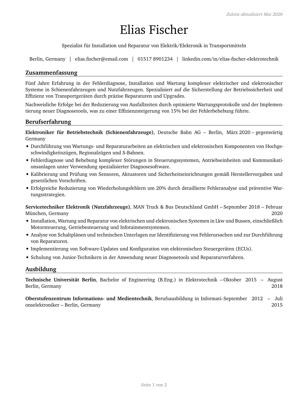 Electrical and Electronics Installers and Repairers, Transportation Equipment CV in German — page 1