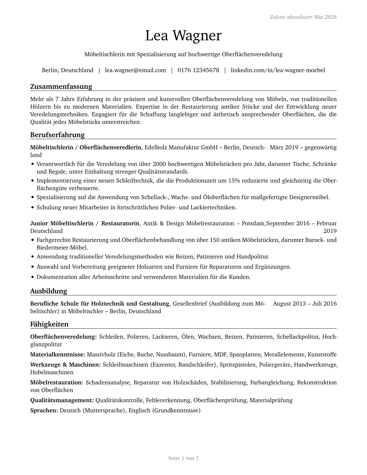 Furniture Finishers CV in German — page 1