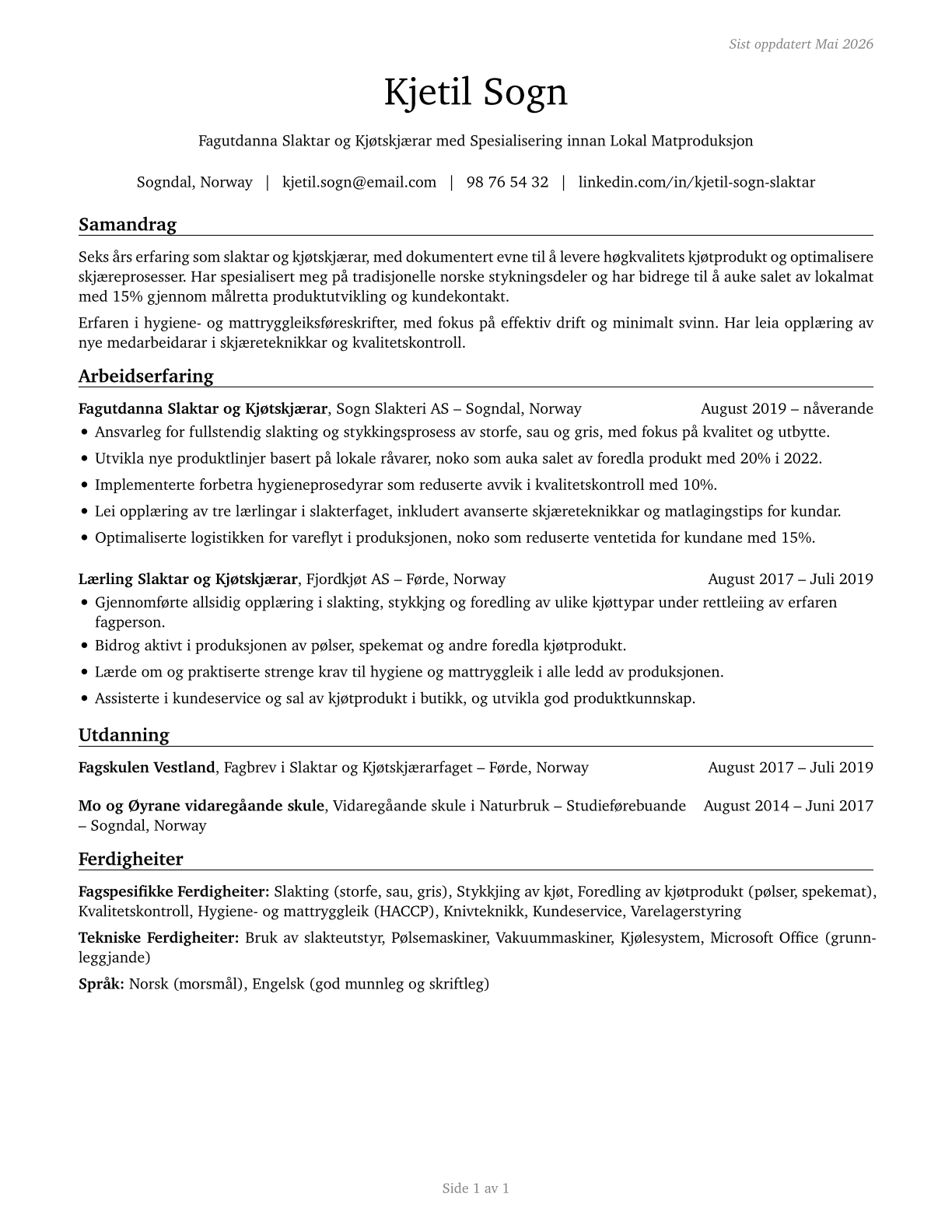 Butchers and Meat Cutters CV in Norwegian_nynorsk — page 1