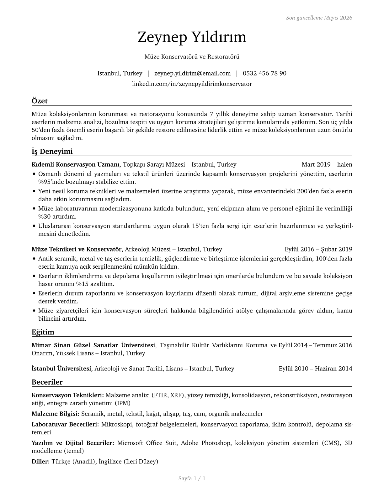 Museum Technicians and Conservators CV in Turkish — page 1
