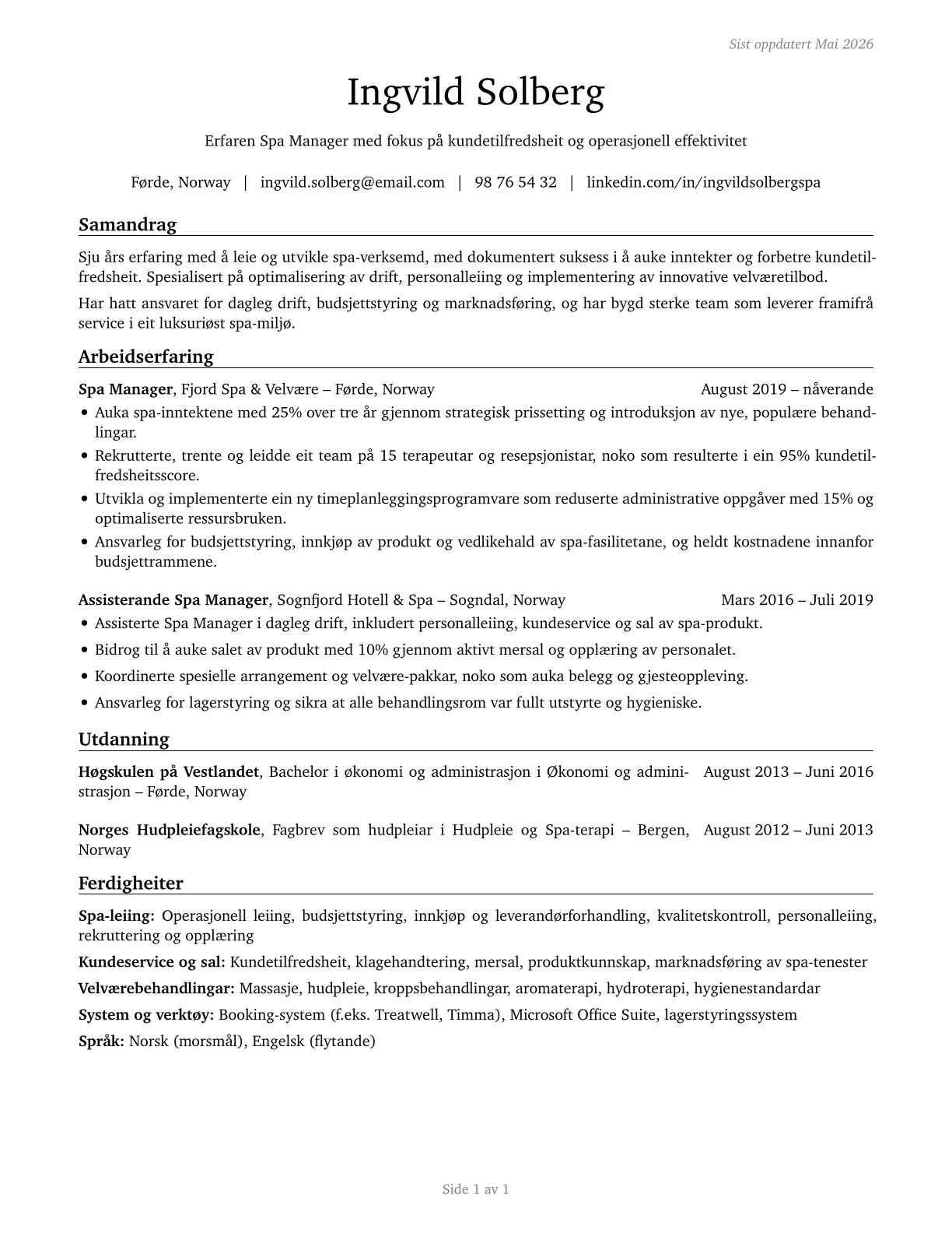 Spa Managers CV in Norwegian_nynorsk — page 1