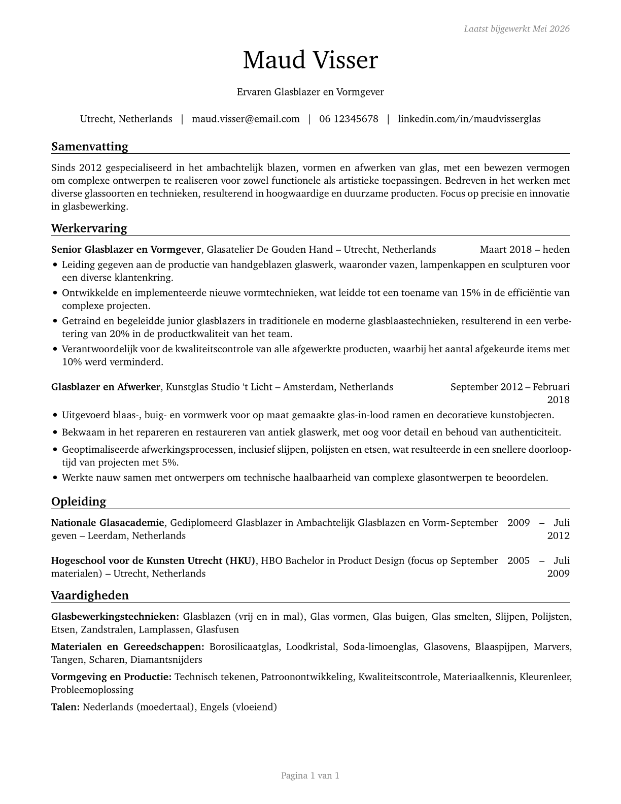 Glass Blowers, Molders, Benders, and Finishers CV in Dutch — page 1