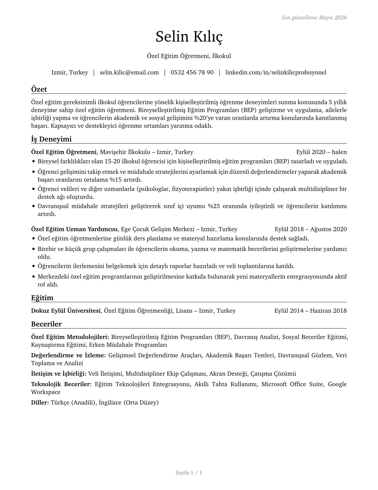 Special Education Teachers, Elementary School CV in Turkish — page 1