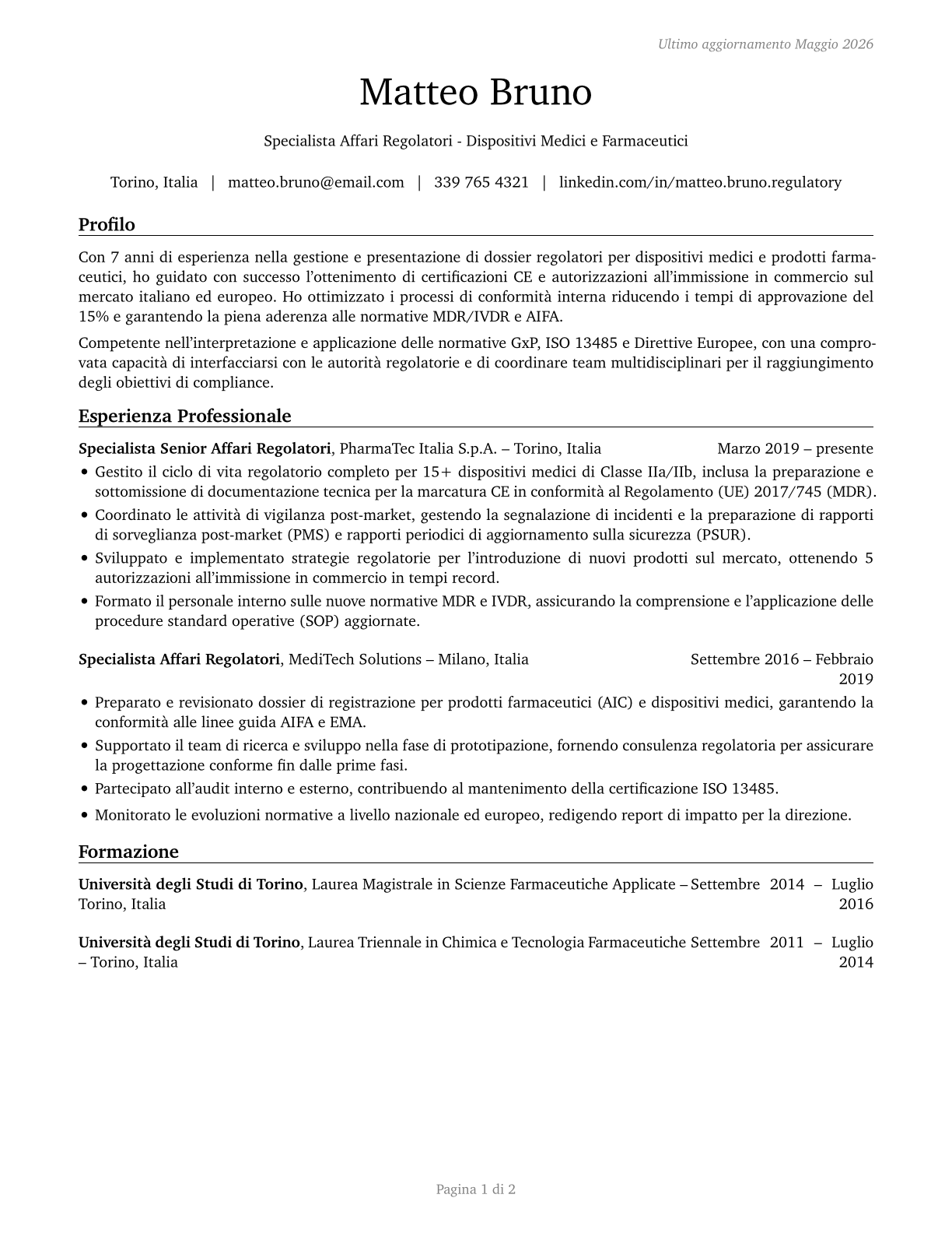 Regulatory Affairs Specialists CV in Italian — page 1