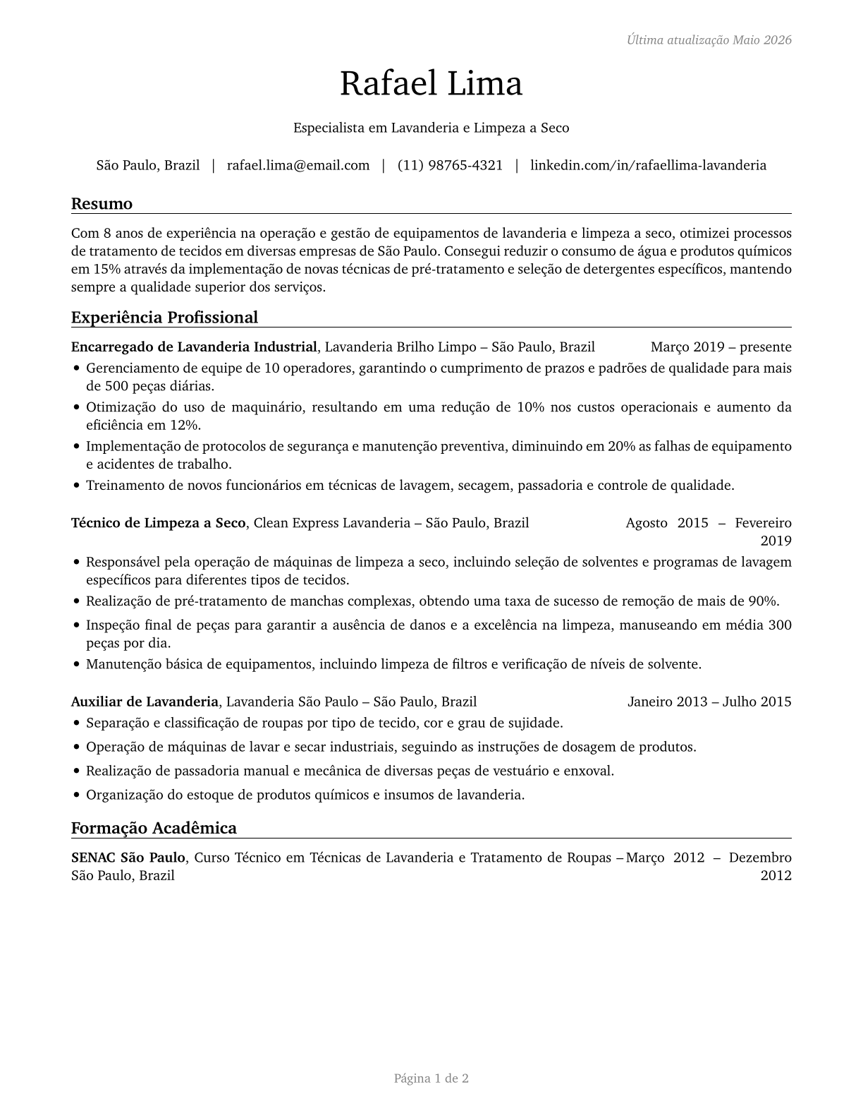 Laundry and Dry-Cleaning Workers CV in Portuguese — page 1