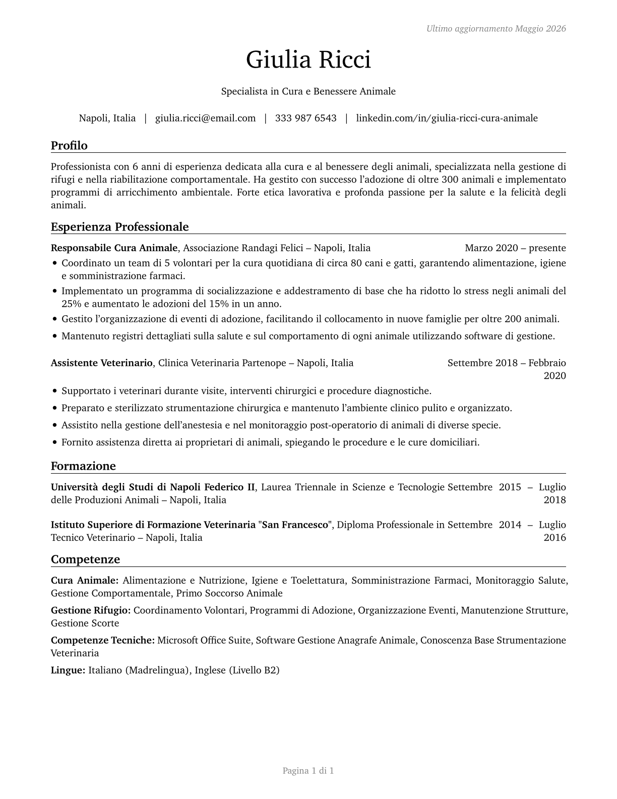 Animal Caretakers CV in Italian — page 1