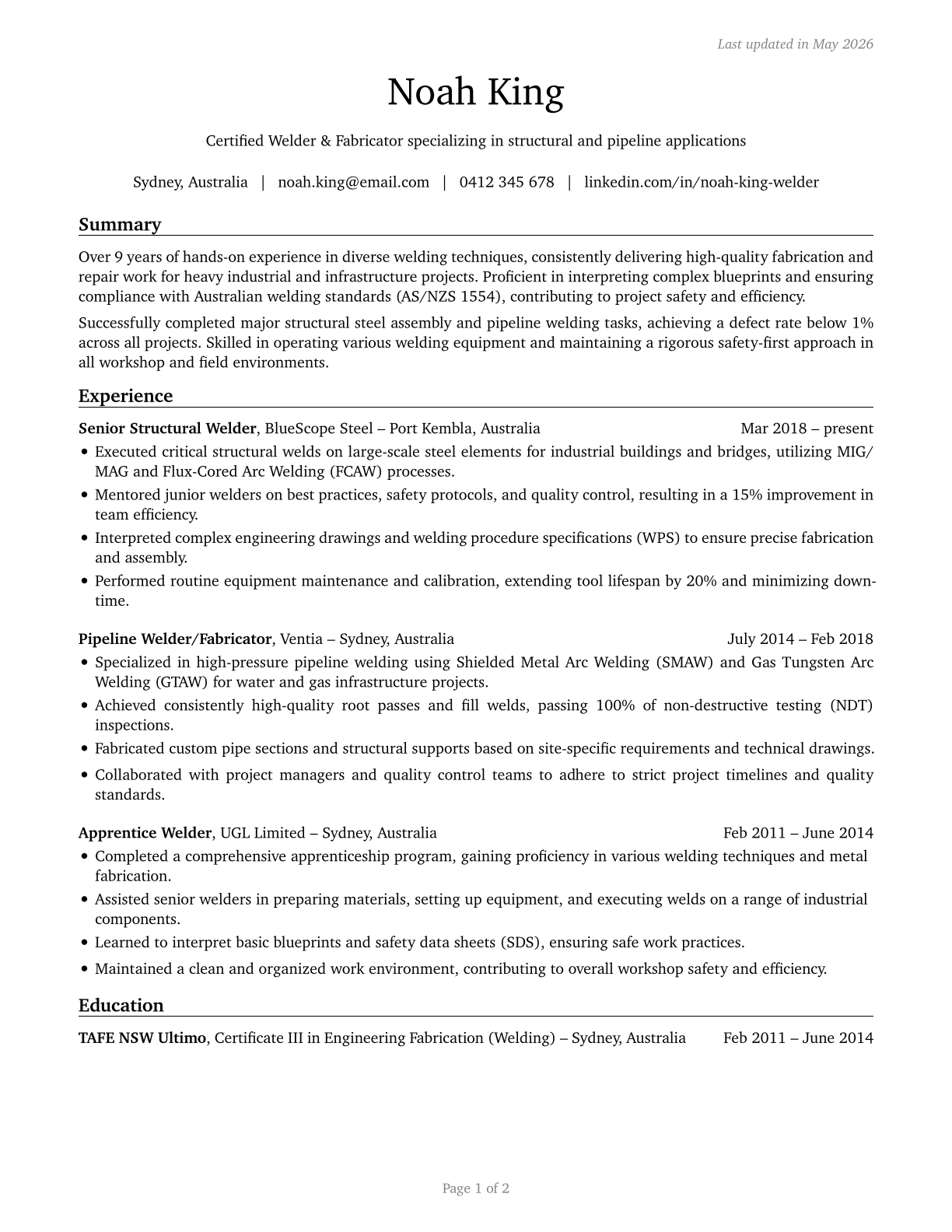 Welders, Cutters, Solderers, and Brazers CV in English — page 1