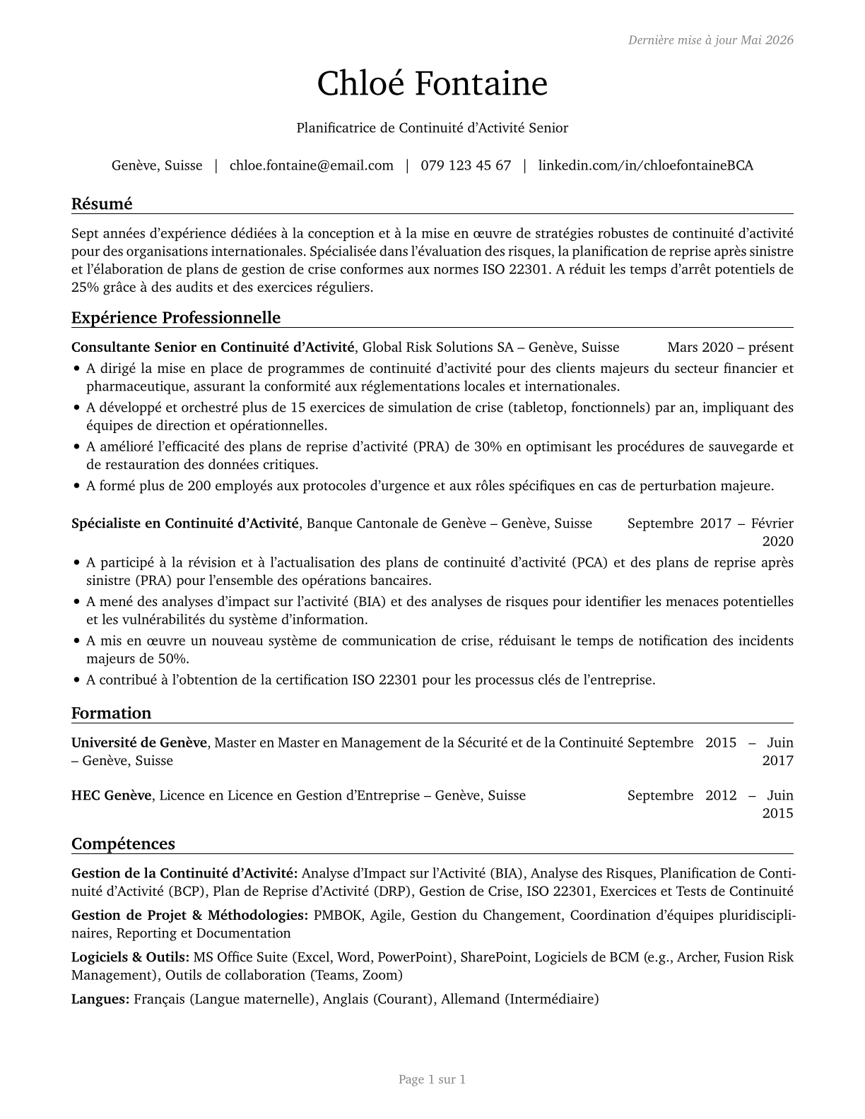 Business Continuity Planners CV in French — page 1