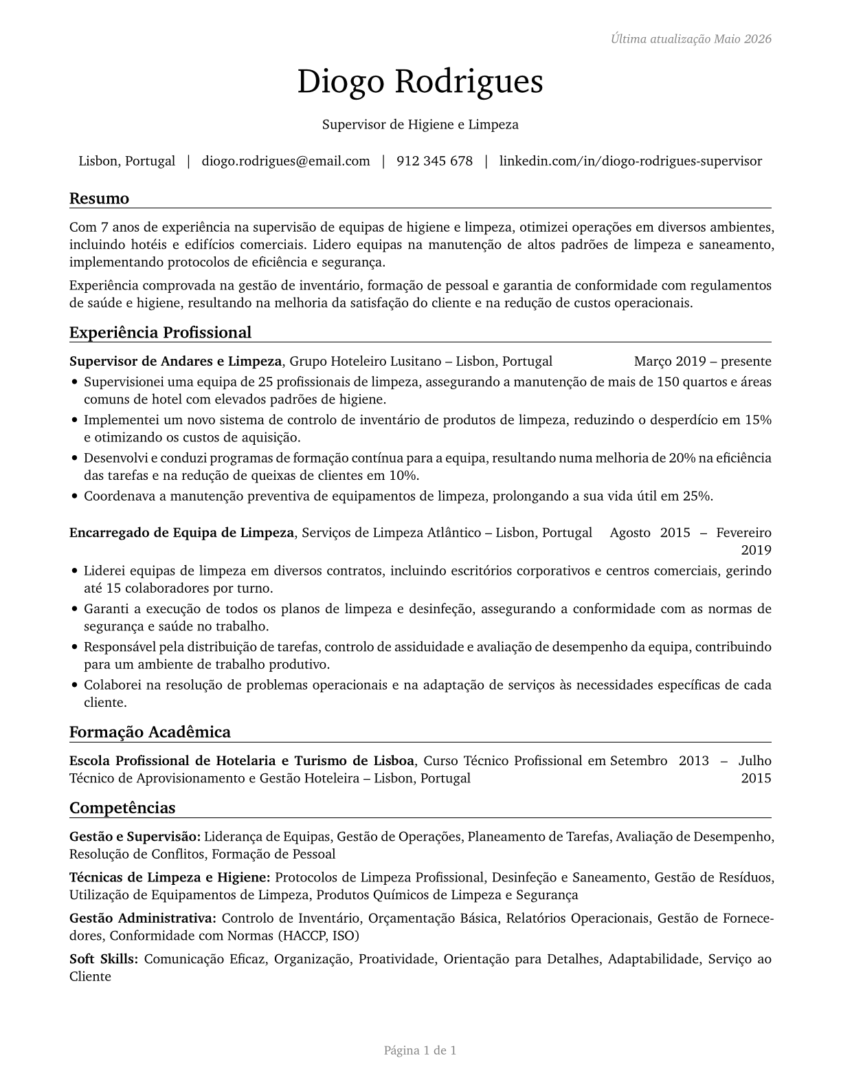 First-Line Supervisors of Housekeeping and Janitorial Workers CV in Portuguese — page 1