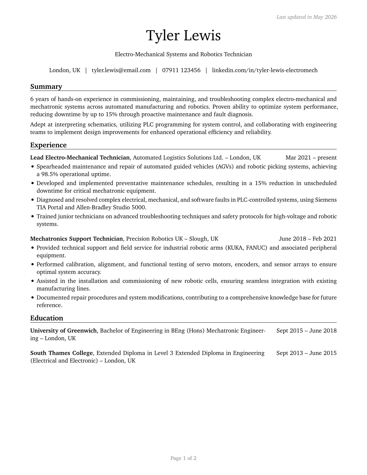 Electro-Mechanical and Mechatronics Technologists and Technicians CV in English — page 1