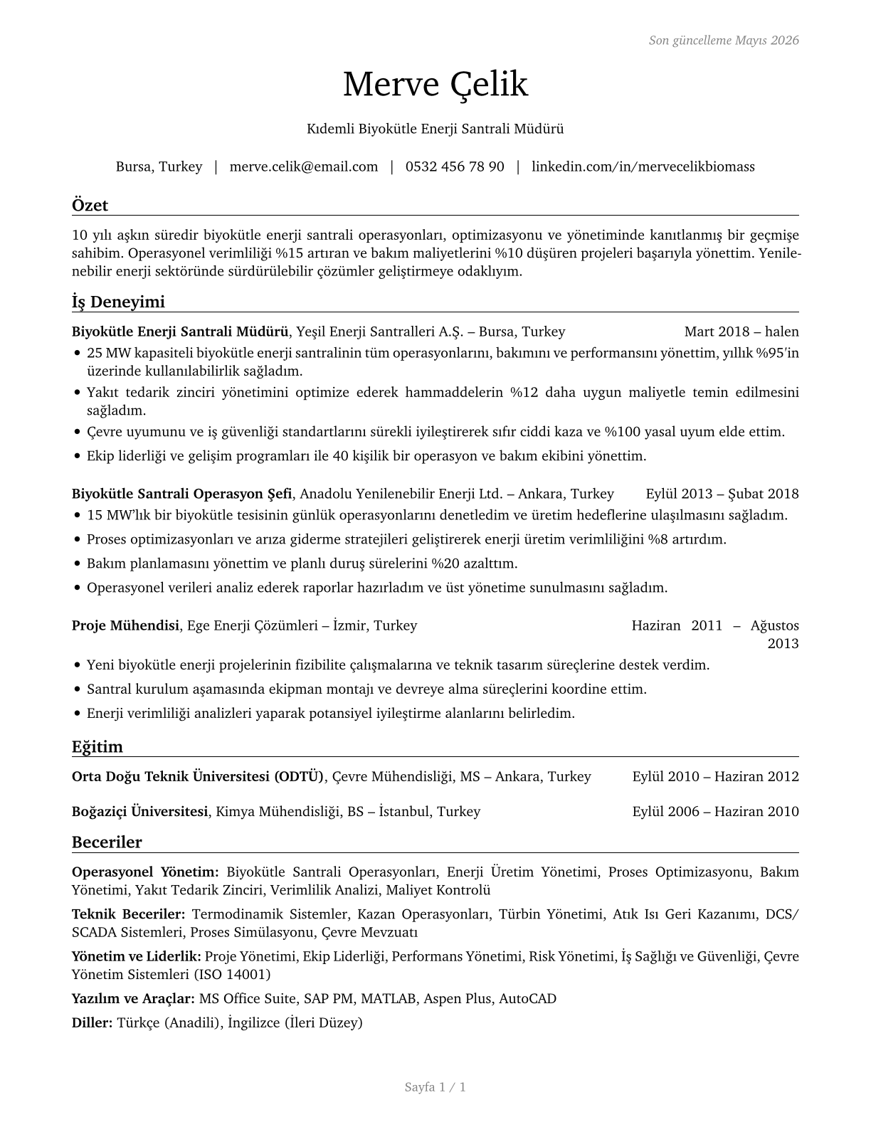 Biomass Power Plant Managers CV in Turkish — page 1