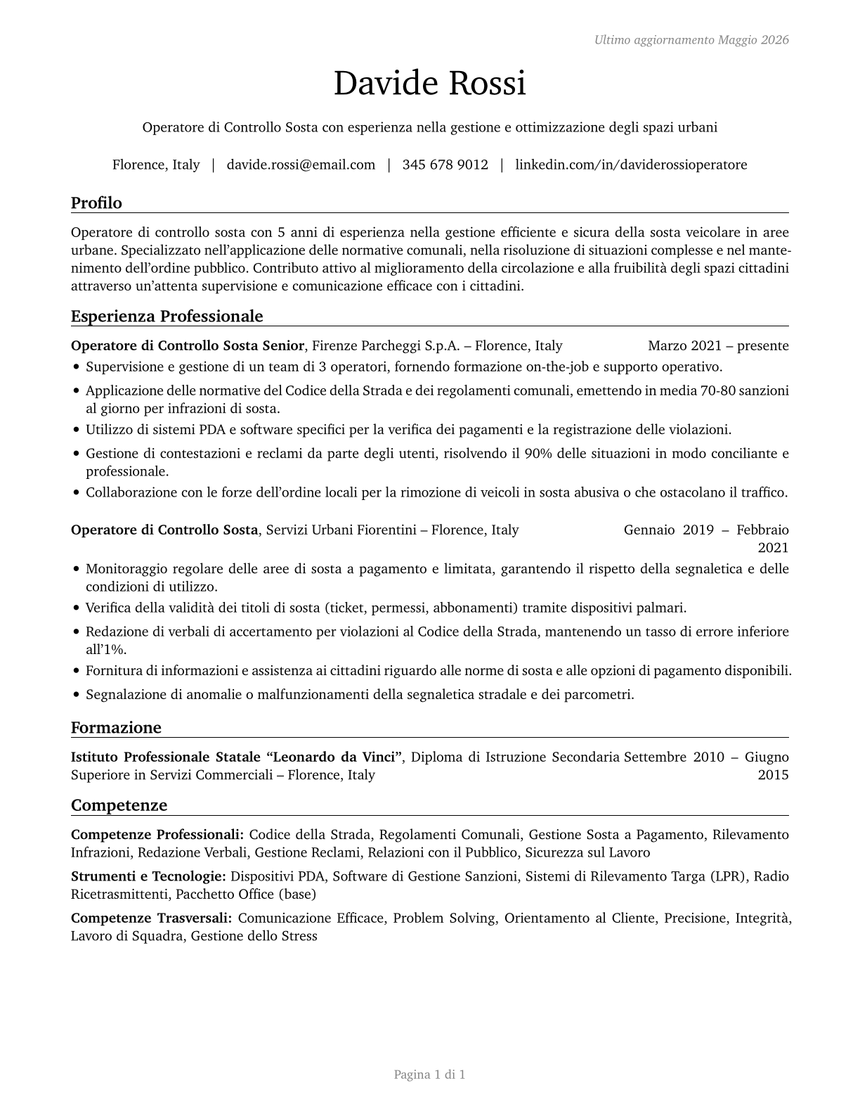 Parking Enforcement Workers CV in Italian — page 1