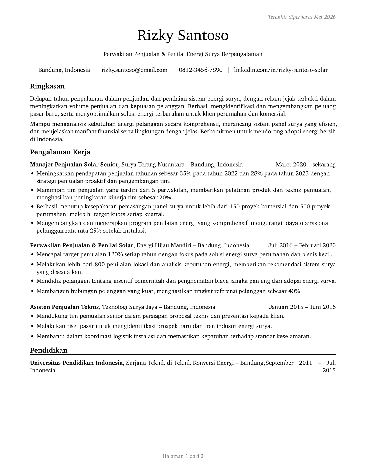 Solar Sales Representatives and Assessors CV in Indonesian — page 1