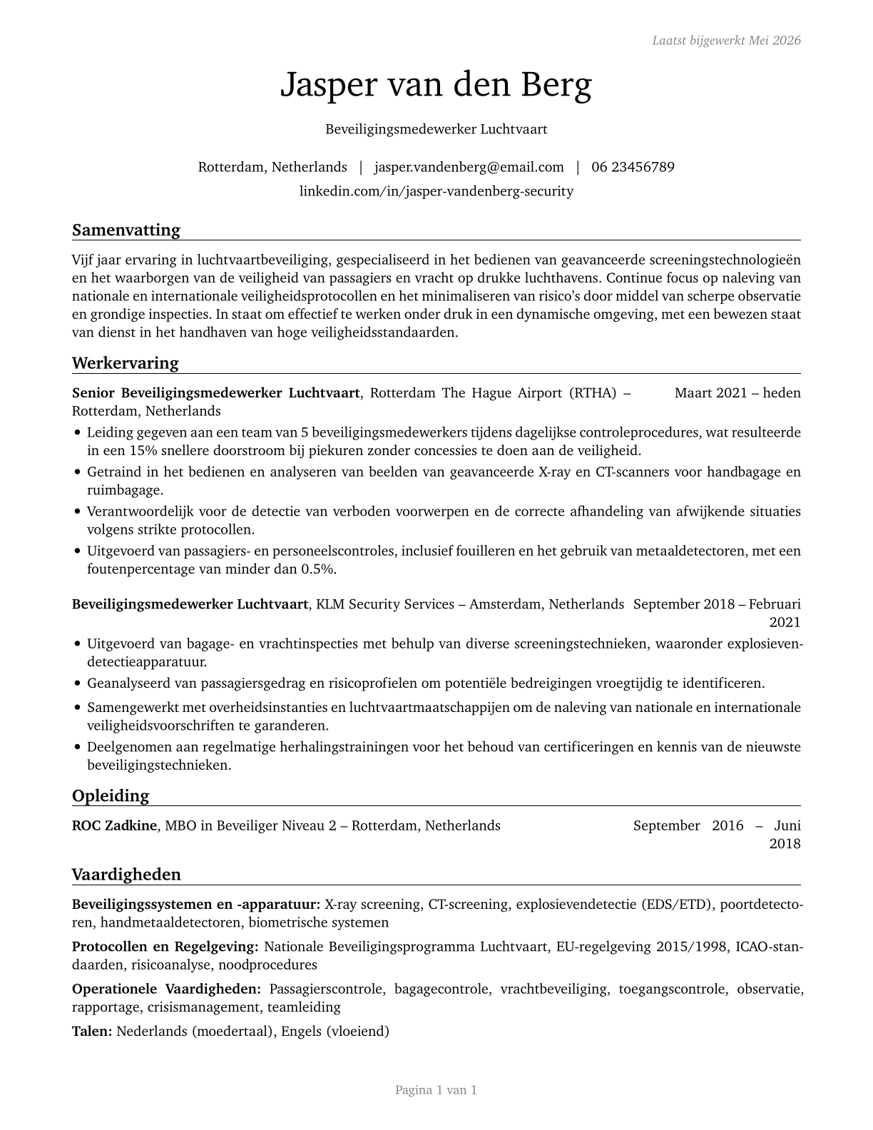 Transportation Security Screeners CV in Dutch — page 1