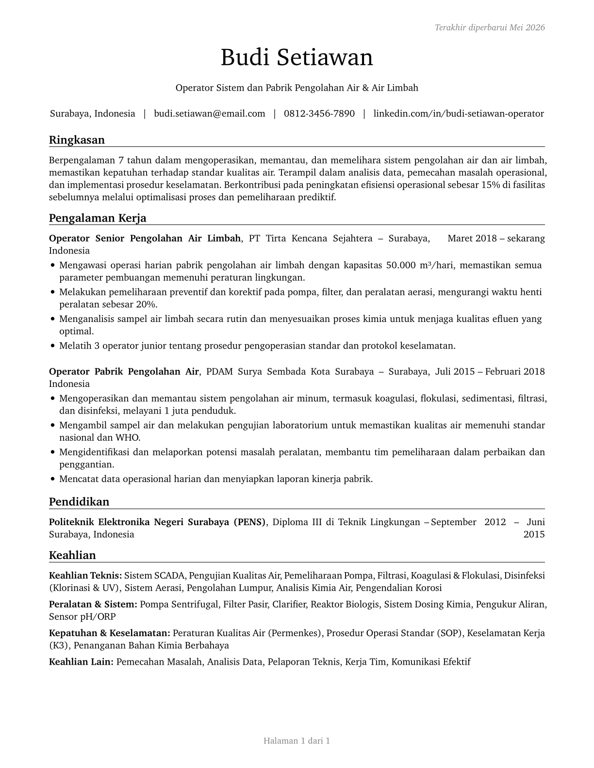 Water and Wastewater Treatment Plant and System Operators CV in Indonesian — page 1