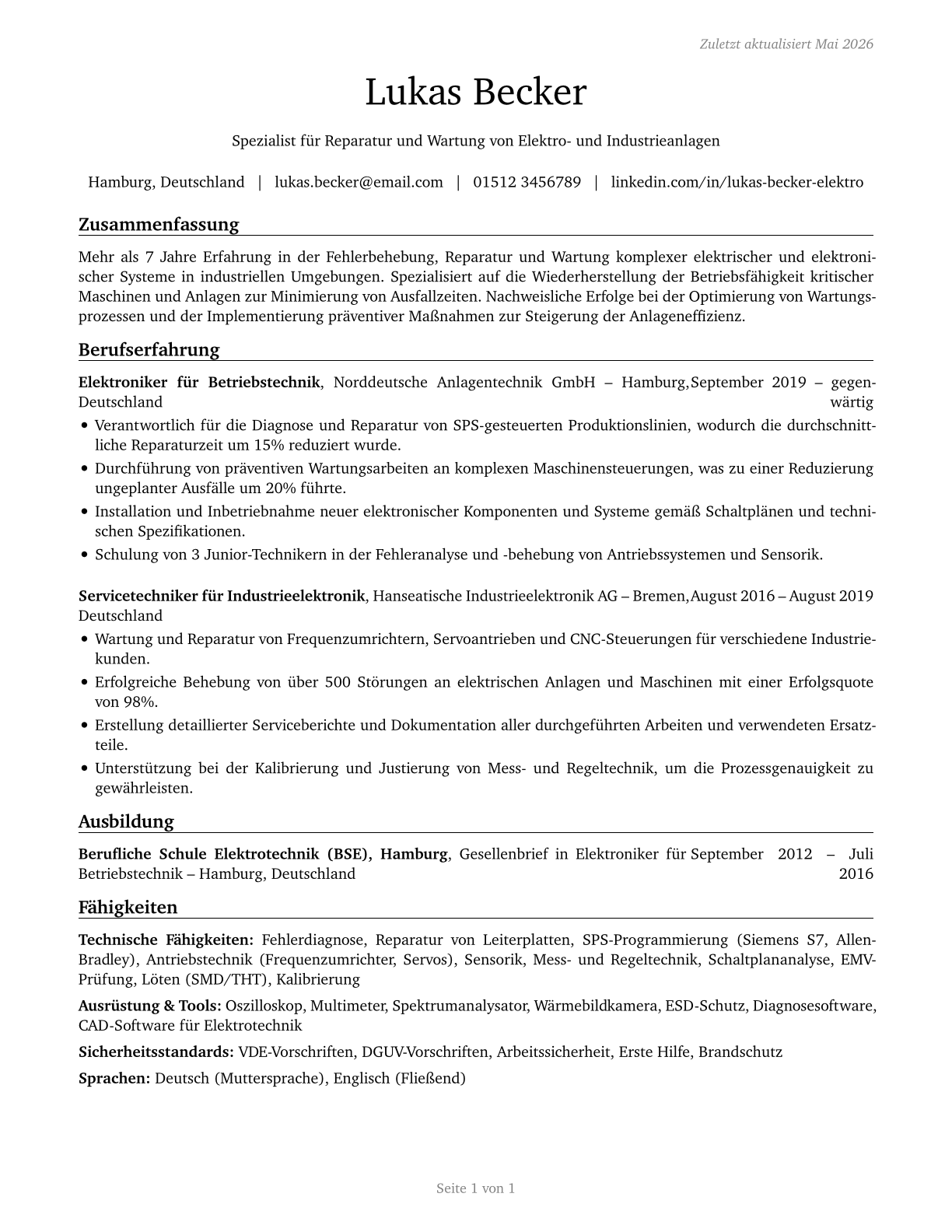 Electrical and Electronics Repairers, Commercial and Industrial Equipment CV in German — page 1