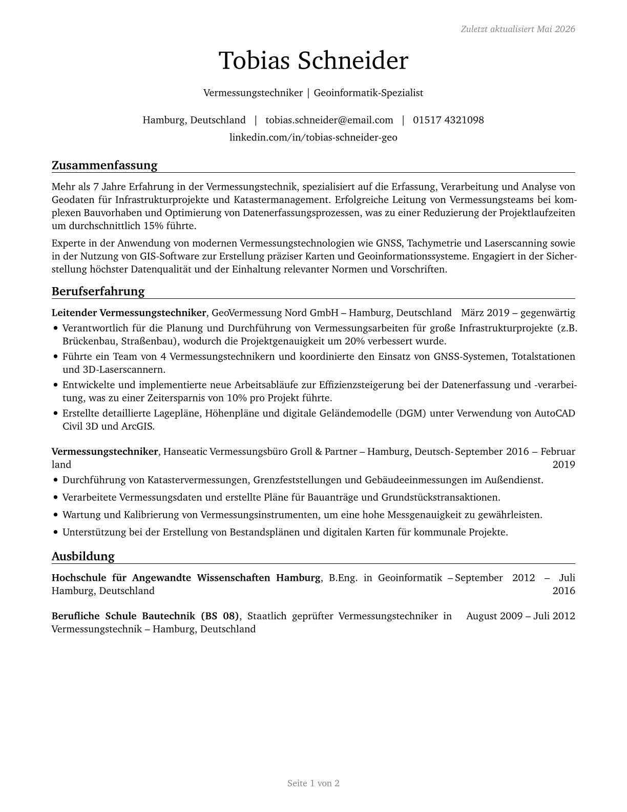 Surveying and Mapping Technicians CV in German — page 1