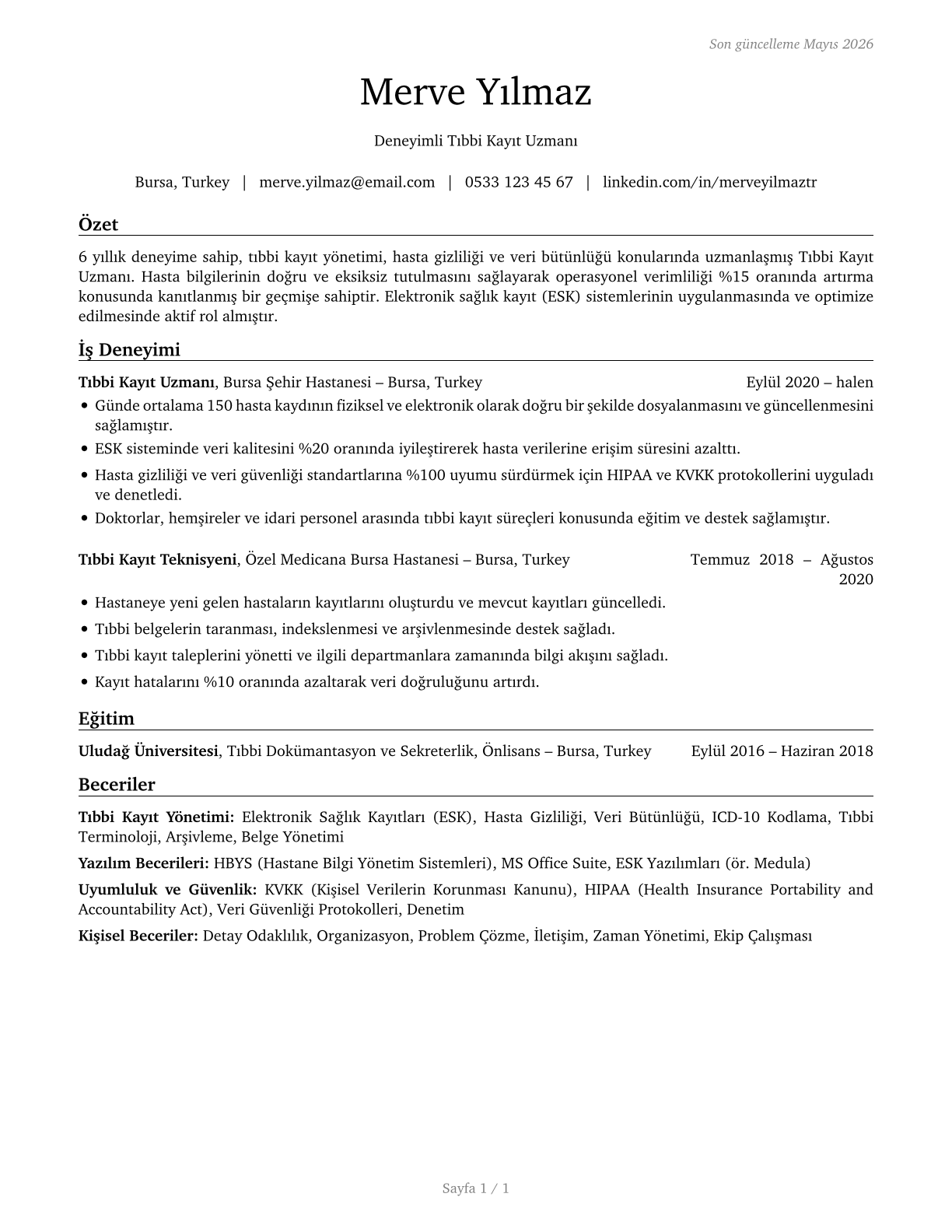 Medical Records Specialists CV in Turkish — page 1