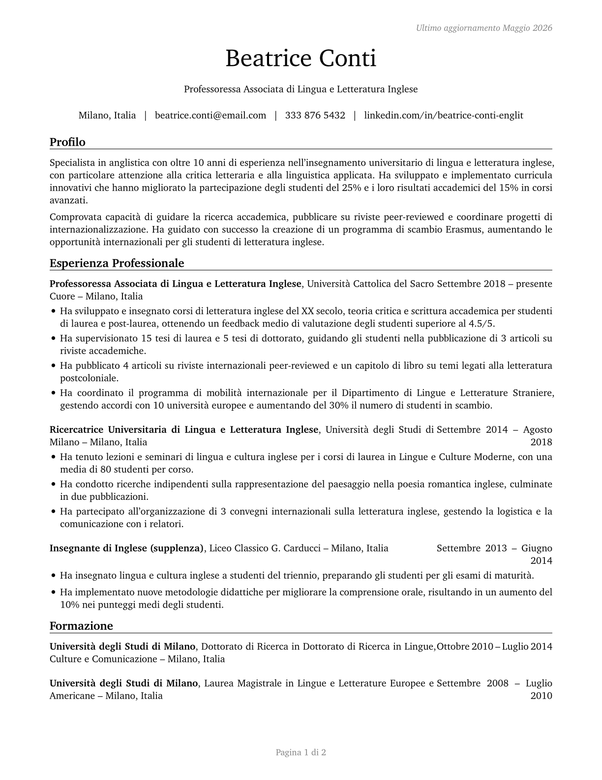 English Language and Literature Teachers, Postsecondary CV in Italian — page 1