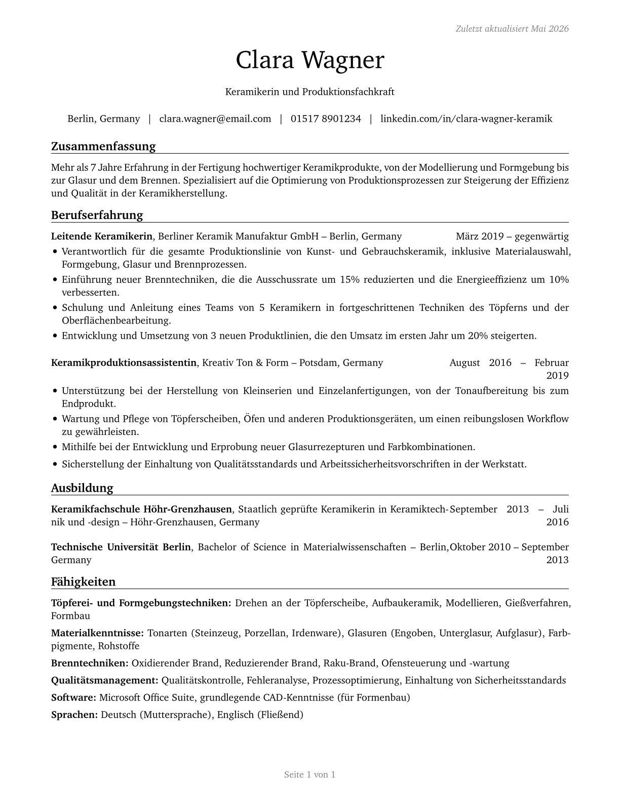 Potters, Manufacturing CV in German — page 1