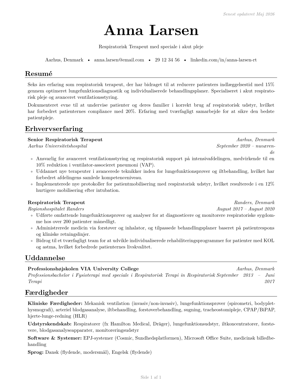 Respiratory Therapists CV in Danish — page 1