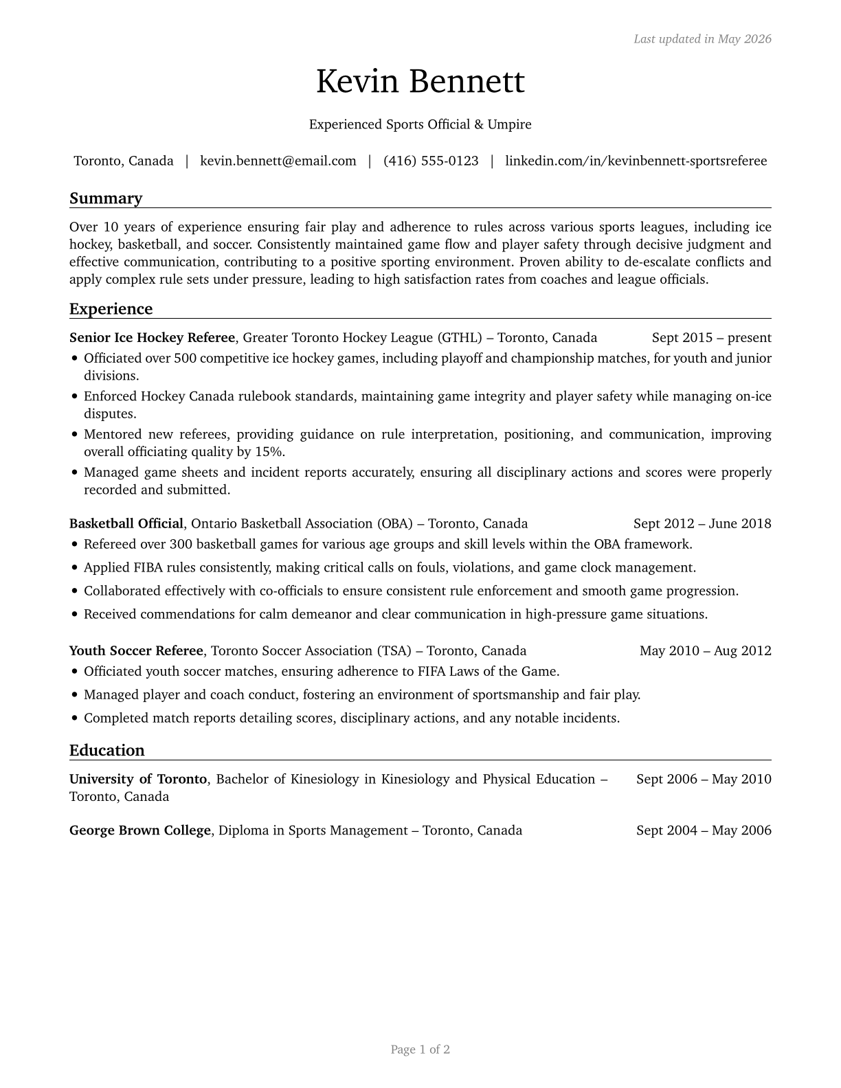 Umpires, Referees, and Other Sports Officials CV in English — page 1