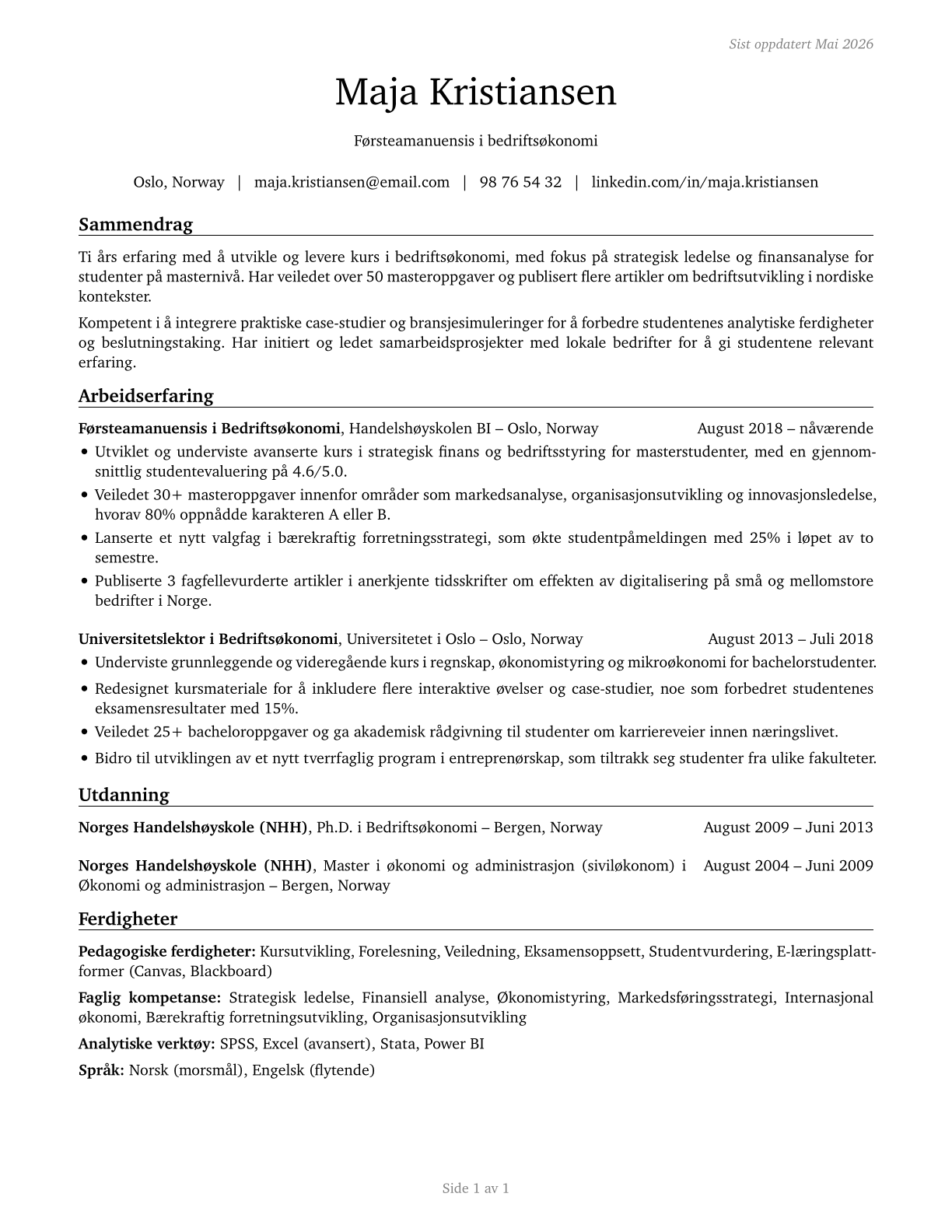Business Teachers, Postsecondary CV in Norwegian_bokmal — page 1