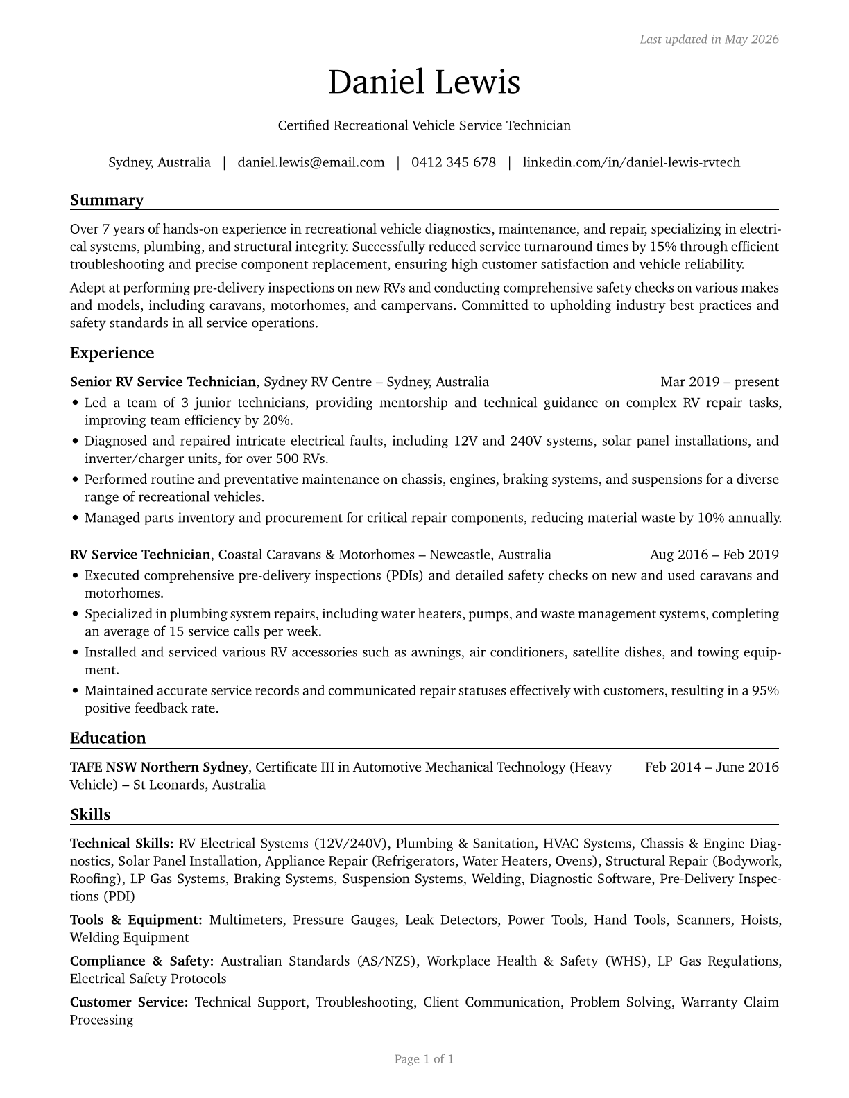 Recreational Vehicle Service Technicians CV in English — page 1