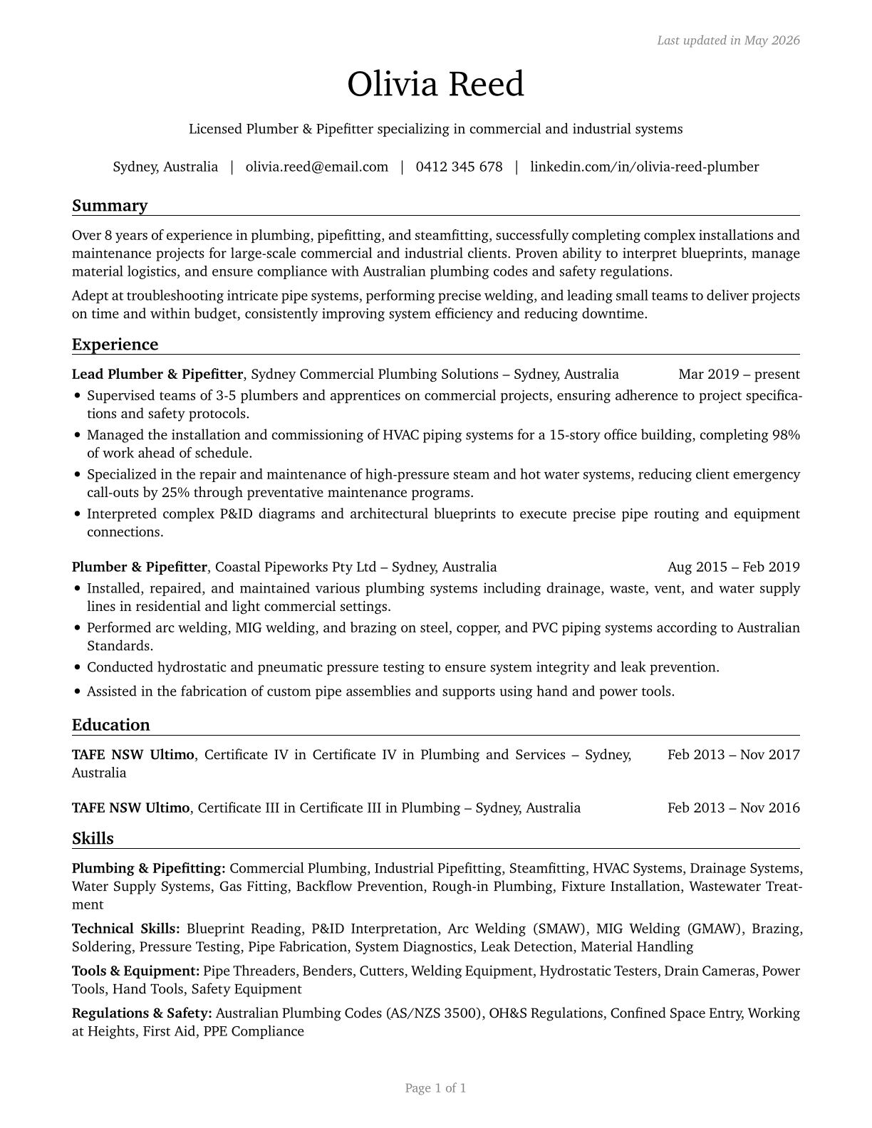 Plumbers, Pipefitters, and Steamfitters CV in English — page 1