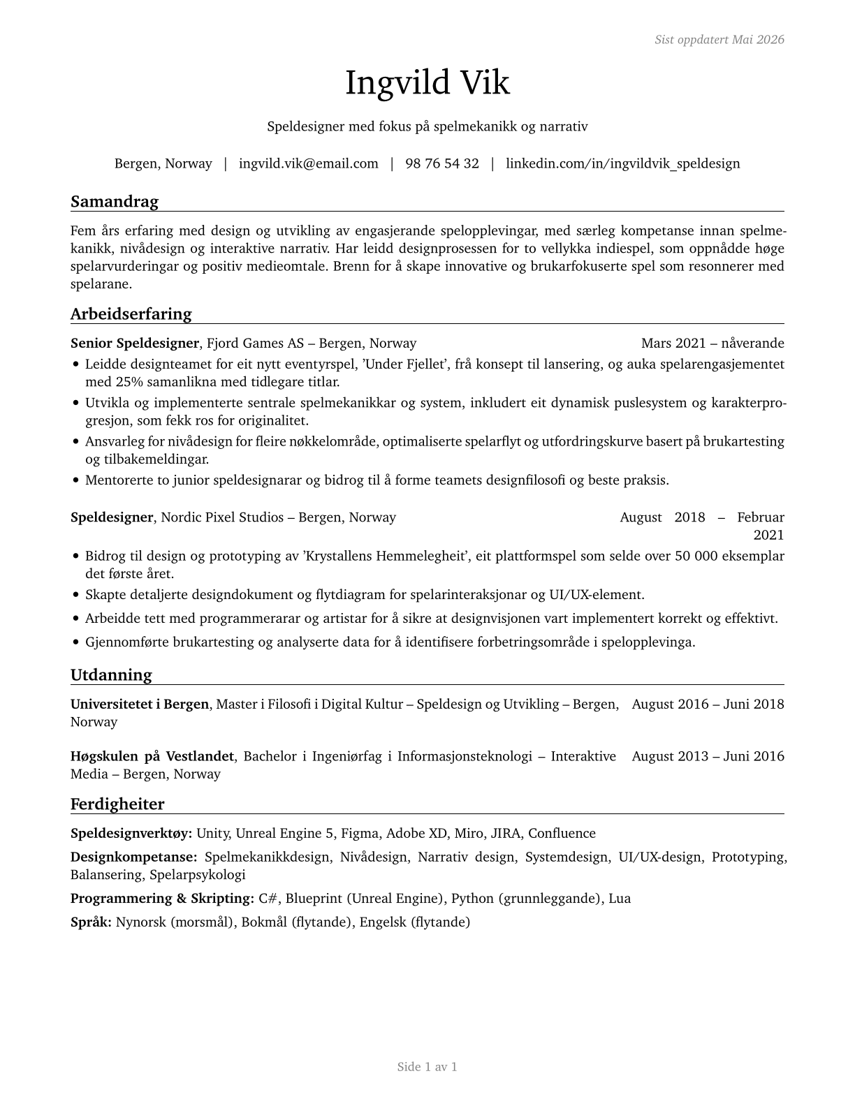 Video Game Designers CV in Norwegian_nynorsk — page 1