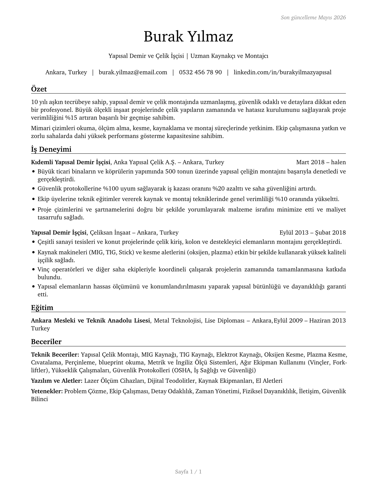 Structural Iron and Steel Workers CV in Turkish — page 1