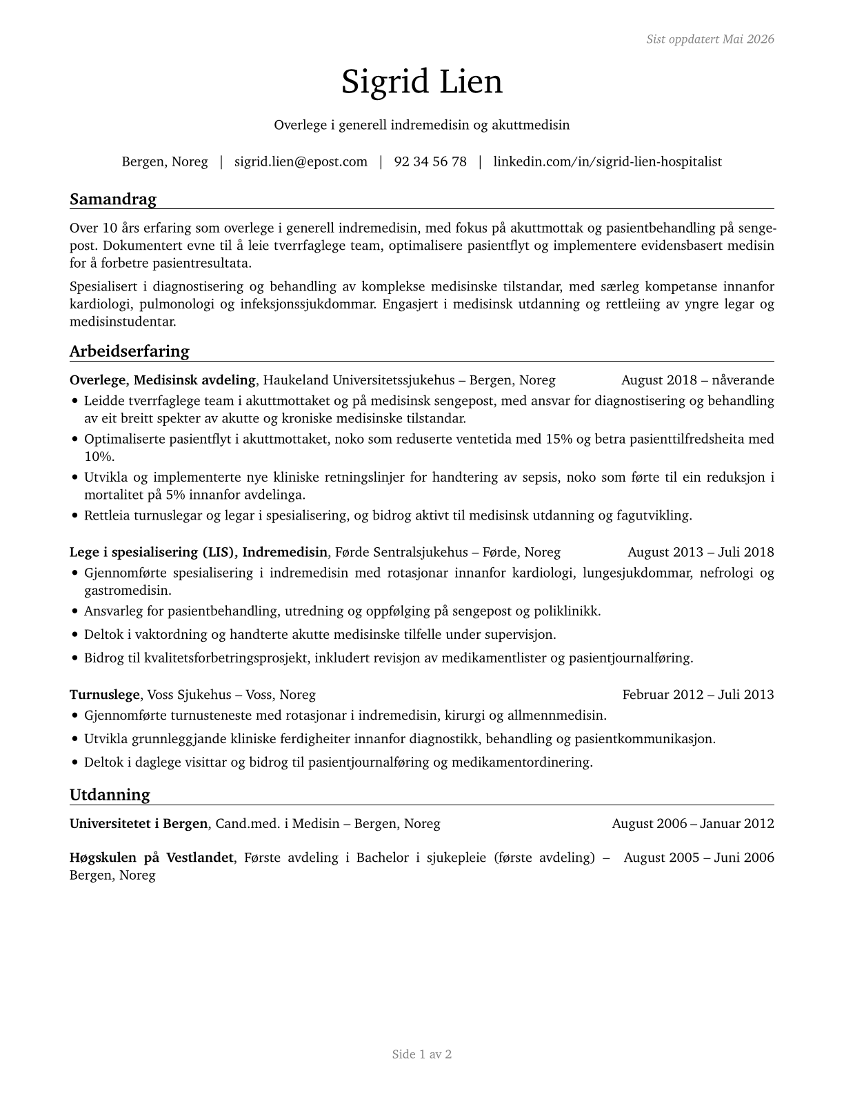 Hospitalists CV in Norwegian_nynorsk — page 1