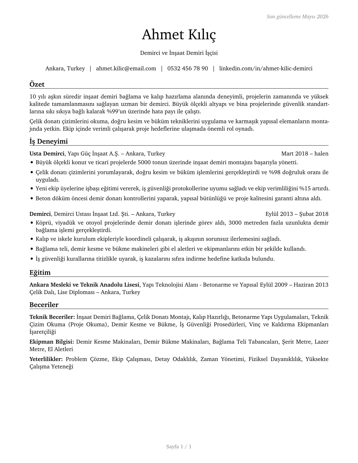 Reinforcing Iron and Rebar Workers CV in Turkish — page 1
