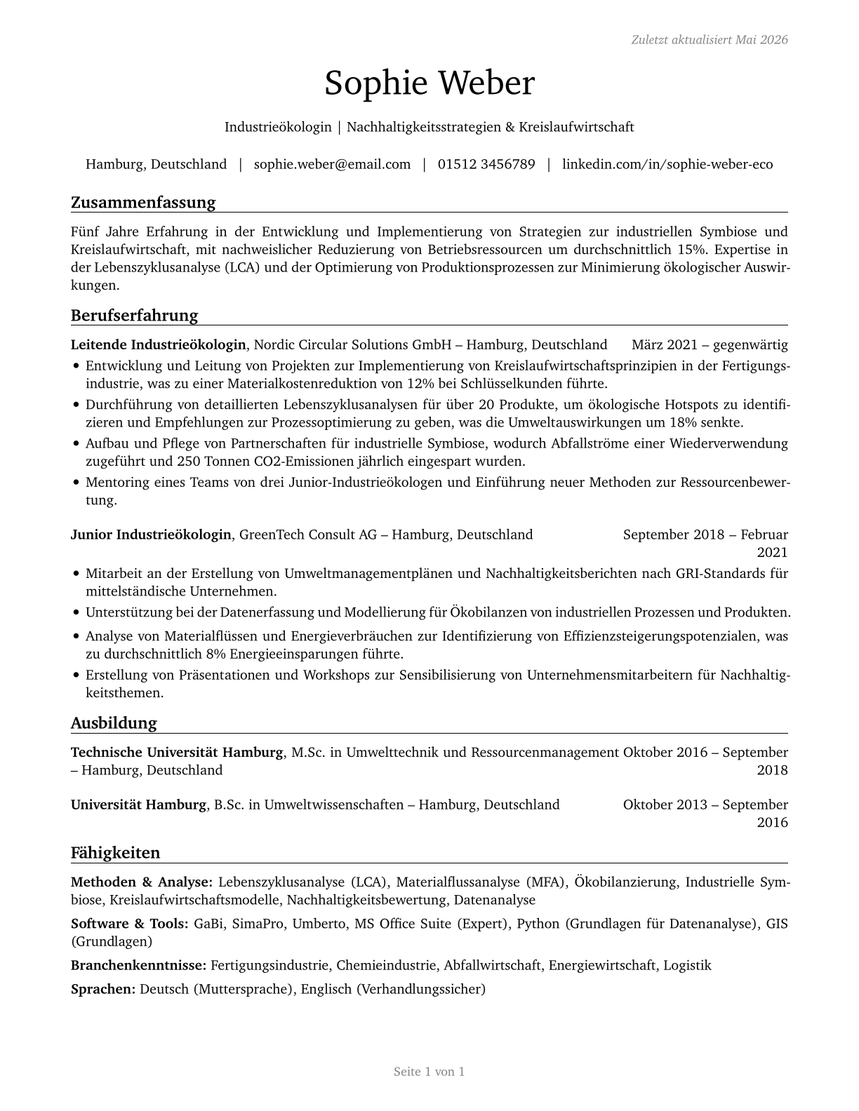 Industrial Ecologists CV in German — page 1