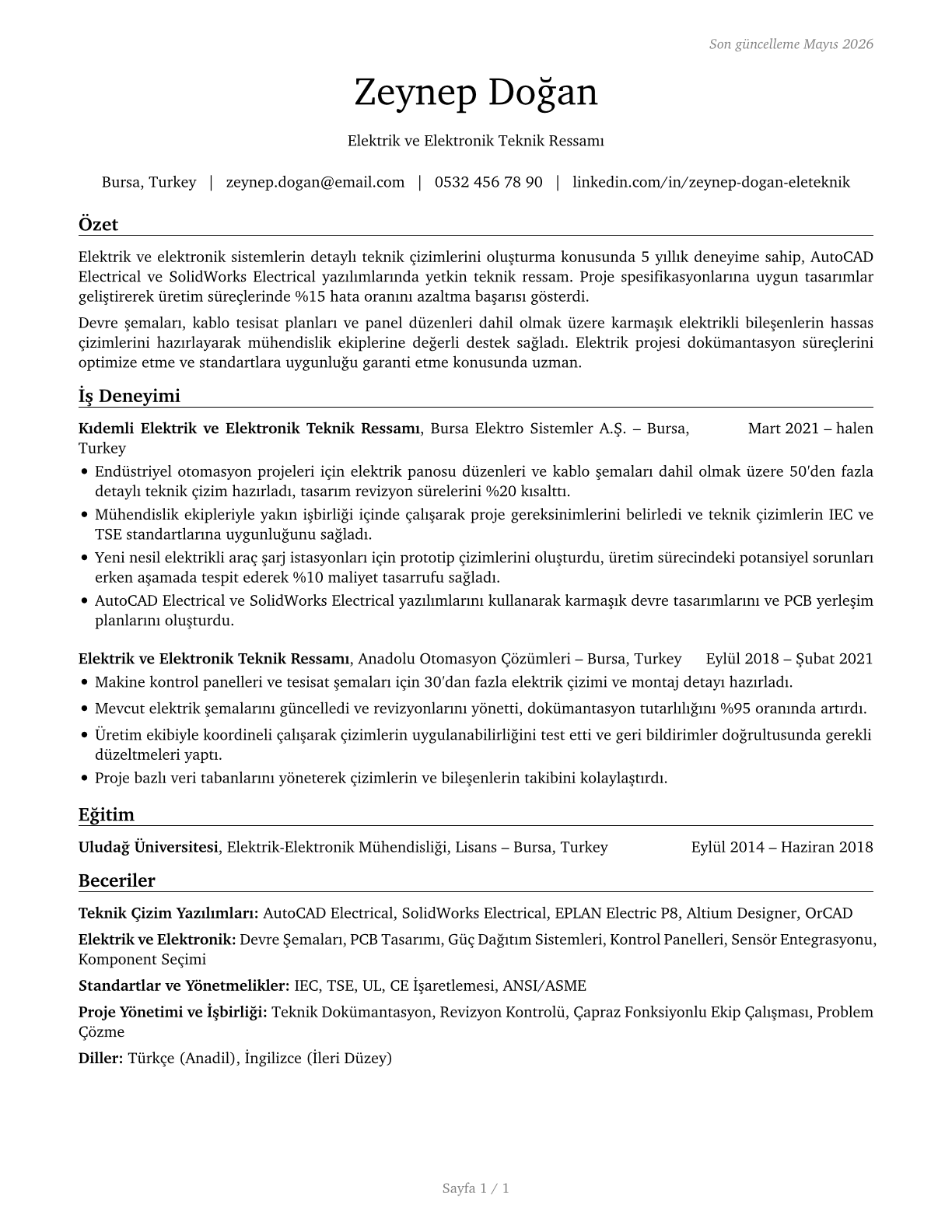 Electrical and Electronics Drafters CV in Turkish — page 1
