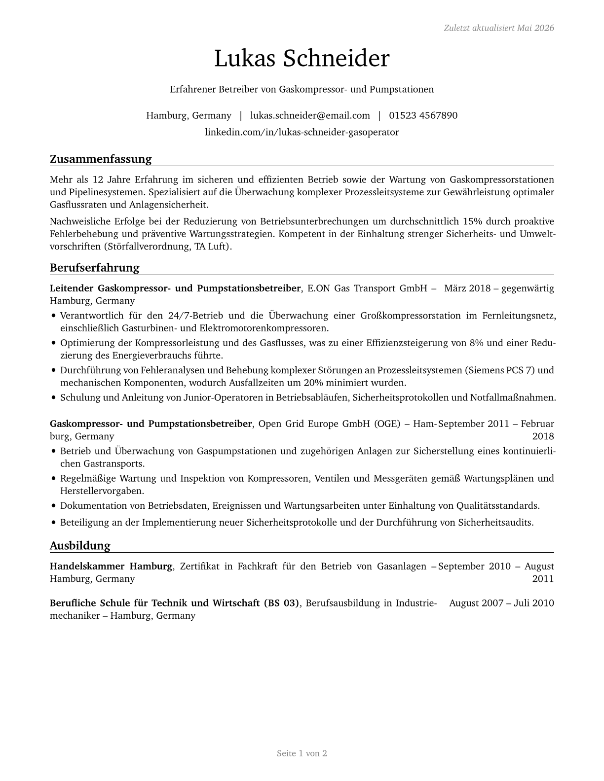 Gas Compressor and Gas Pumping Station Operators CV in German — page 1