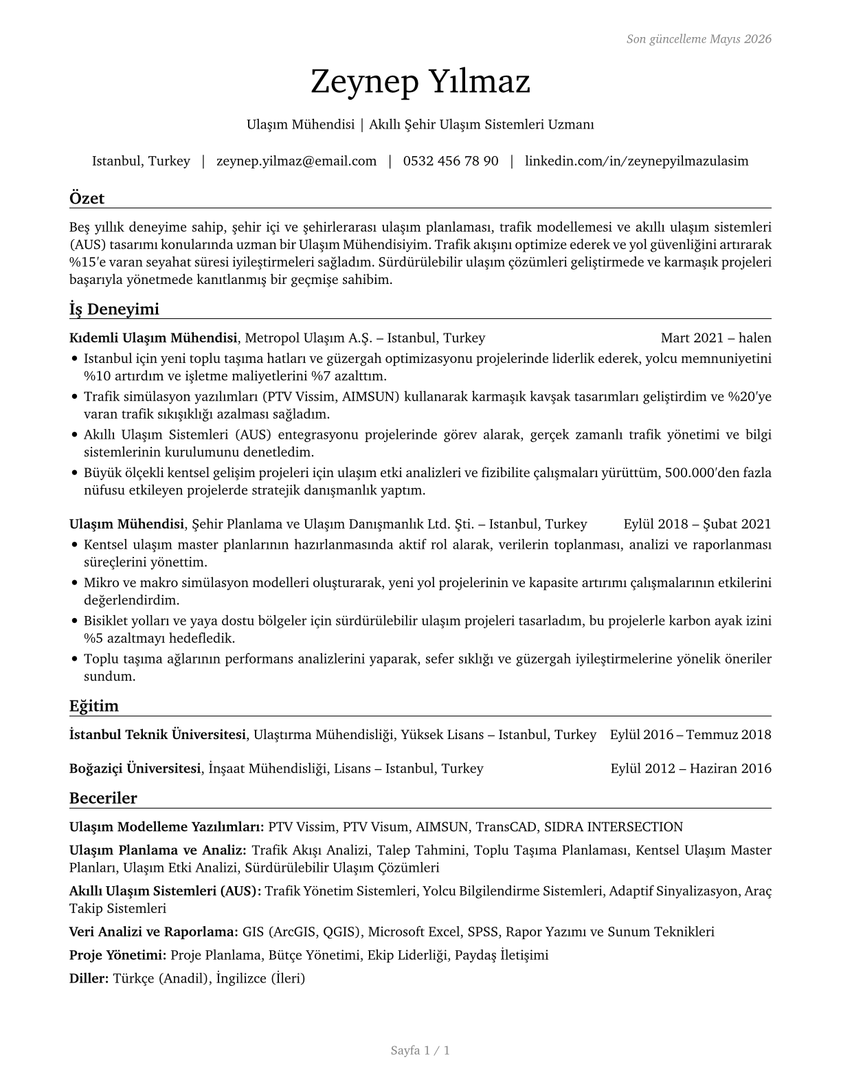 Transportation Engineers CV in Turkish — page 1